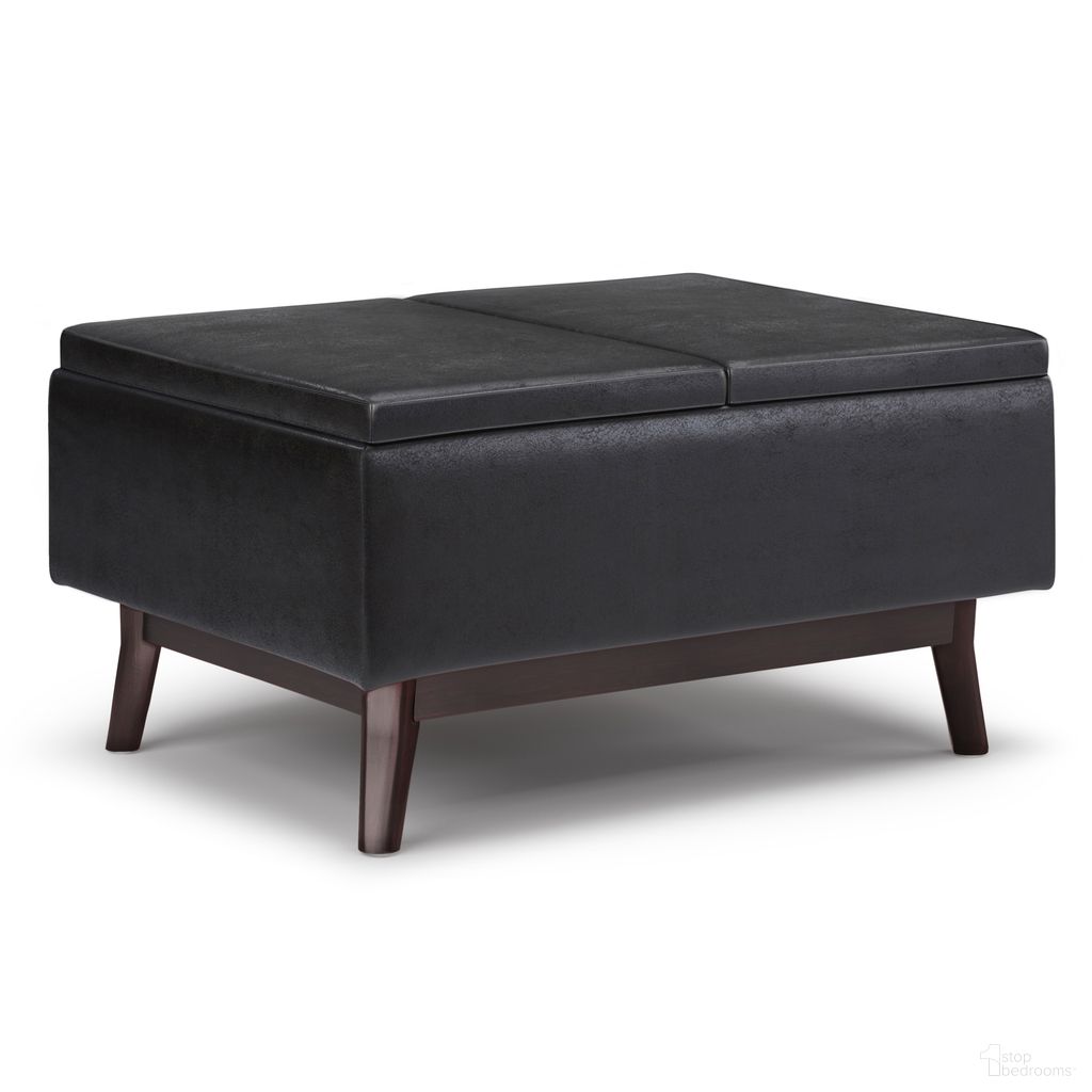 The appearance of Owen Vegan Faux Leather Tray Top Small Coffee Table Storage Ottoman In Distressed Black designed by Simpli Home in the transitional interior design. This distressed black piece of furniture was selected by 1StopBedrooms from Owen Collection to add a touch of cosiness and style into your home. Sku: AXCOT267TT-DBL. Material: Faux Leather.