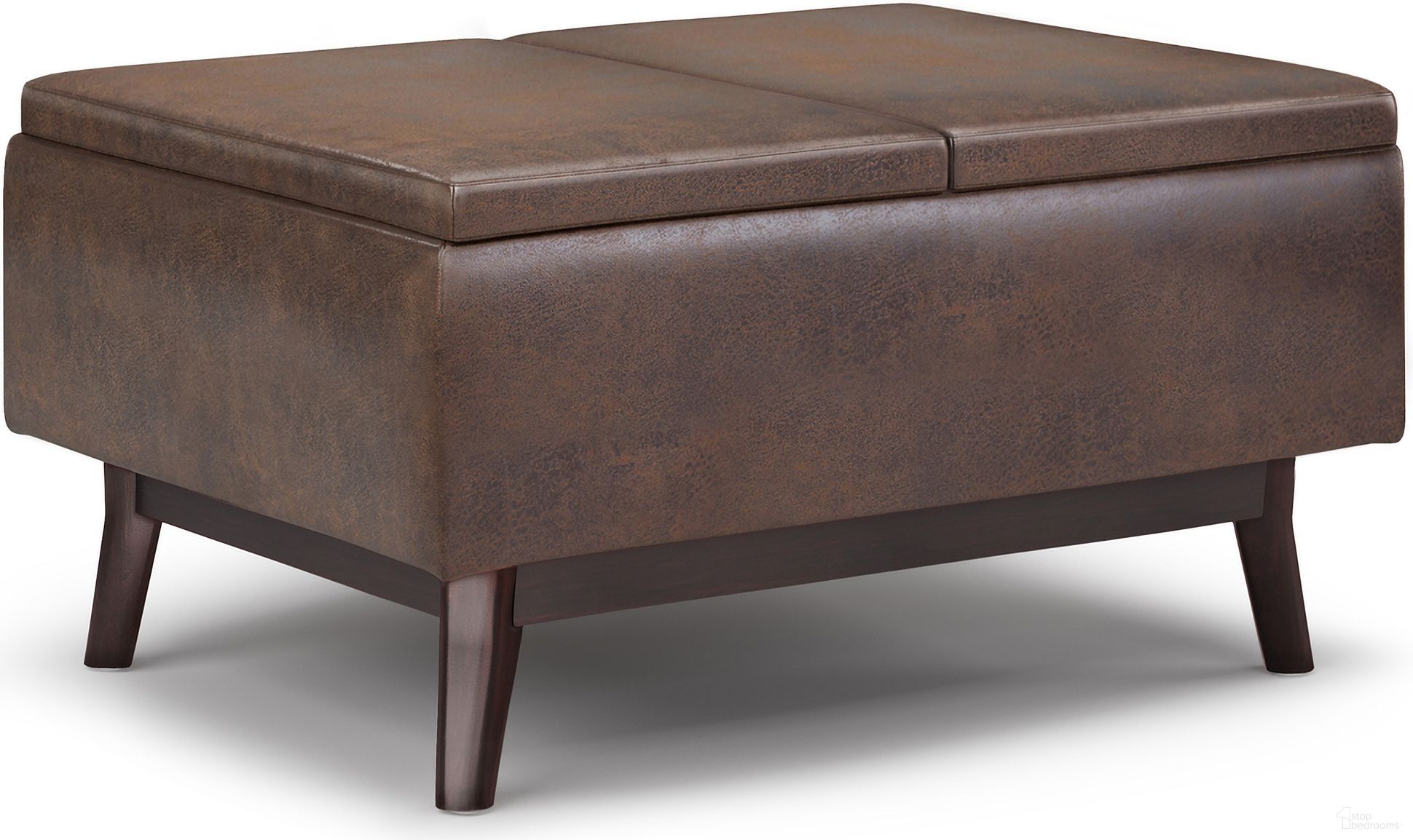 The appearance of Owen Vegan Faux Leather Tray Top Small Coffee Table Storage Ottoman In Distressed Chestnut Brown designed by Simpli Home in the transitional interior design. This distressed chestnut brown piece of furniture was selected by 1StopBedrooms from Owen Collection to add a touch of cosiness and style into your home. Sku: AXCOT267TT-DBR. Material: Faux Leather.