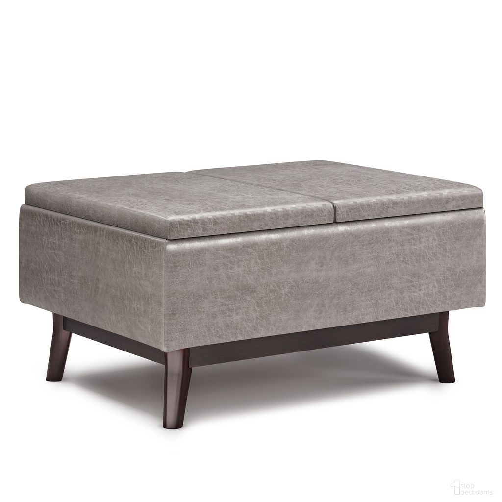 The appearance of Owen Vegan Faux Leather Tray Top Small Coffee Table Storage Ottoman In Distressed Grey designed by Simpli Home in the transitional interior design. This distressed grey piece of furniture  was selected by 1StopBedrooms from Owen Collection to add a touch of cosiness and style into your home. Sku: AXCOT267TT-DTP. Material: Faux Leather.