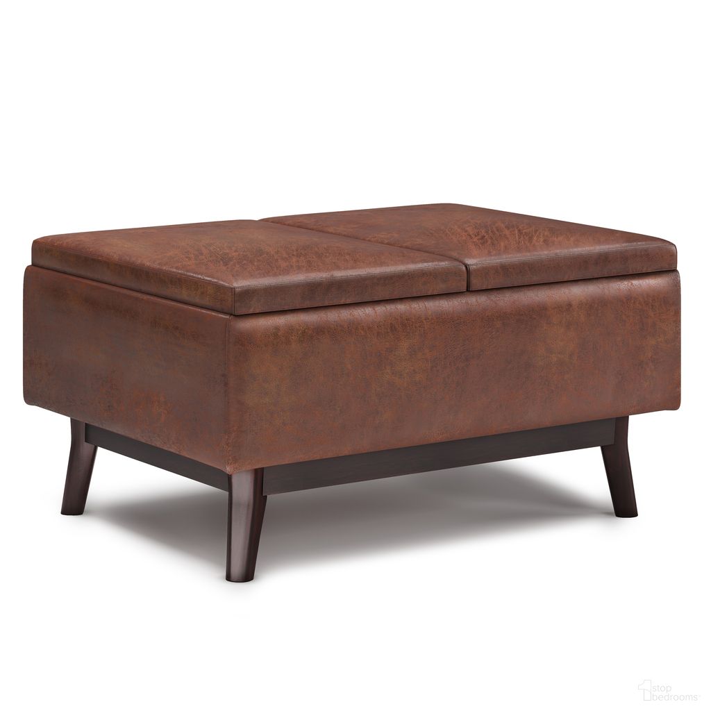 The appearance of Owen Vegan Faux Leather Tray Top Small Coffee Table Storage Ottoman In Distressed Saddle Brown designed by Simpli Home in the transitional interior design. This distressed saddle brown piece of furniture was selected by 1StopBedrooms from Owen Collection to add a touch of cosiness and style into your home. Sku: AXCOT267TT-DSB. Material: Faux Leather.