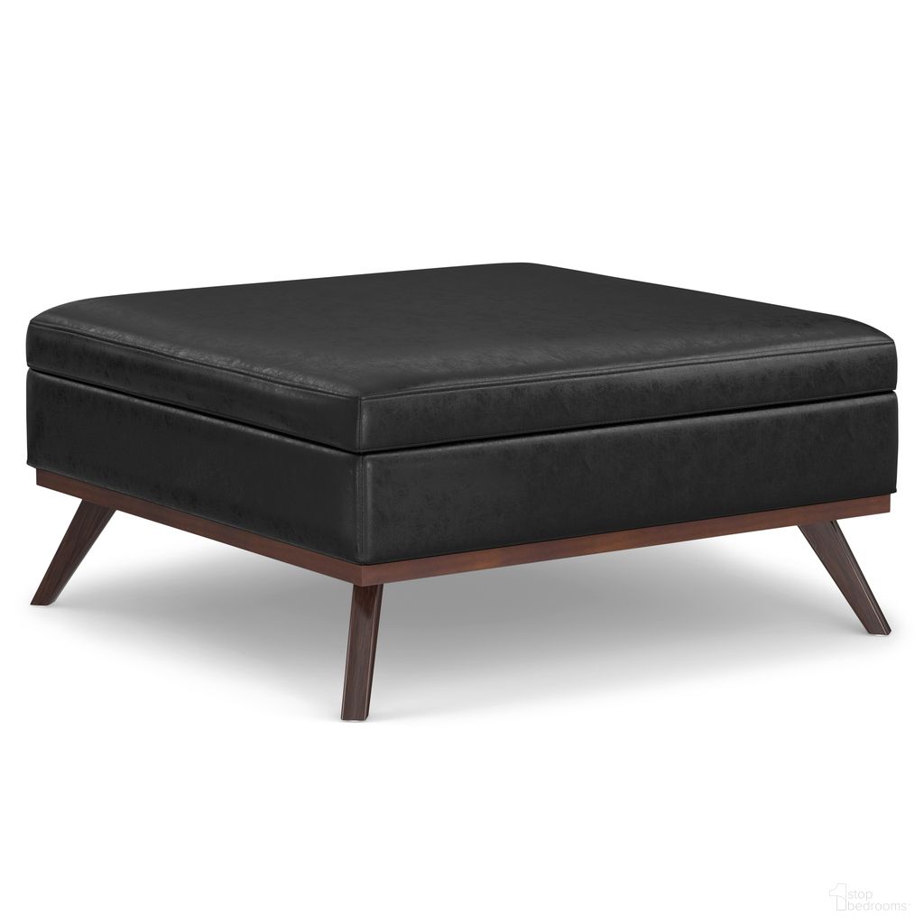 The appearance of Owen Vegan Faux Leather XL Square Coffee Table Storage Ottoman In Distressed Black designed by Simpli Home in the transitional interior design. This distressed black piece of furniture was selected by 1StopBedrooms from Owen Collection to add a touch of cosiness and style into your home. Sku: AXCOT267XL-DBL. Material: Faux Leather.