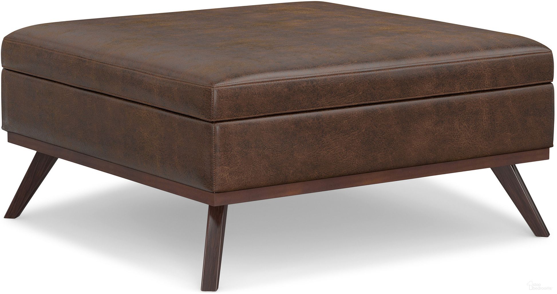 The appearance of Owen Vegan Faux Leather XL Square Coffee Table Storage Ottoman In Distressed Chestnut Brown designed by Simpli Home in the transitional interior design. This distressed chestnut brown piece of furniture was selected by 1StopBedrooms from Owen Collection to add a touch of cosiness and style into your home. Sku: AXCOT267XL-DBR. Material: Faux Leather.