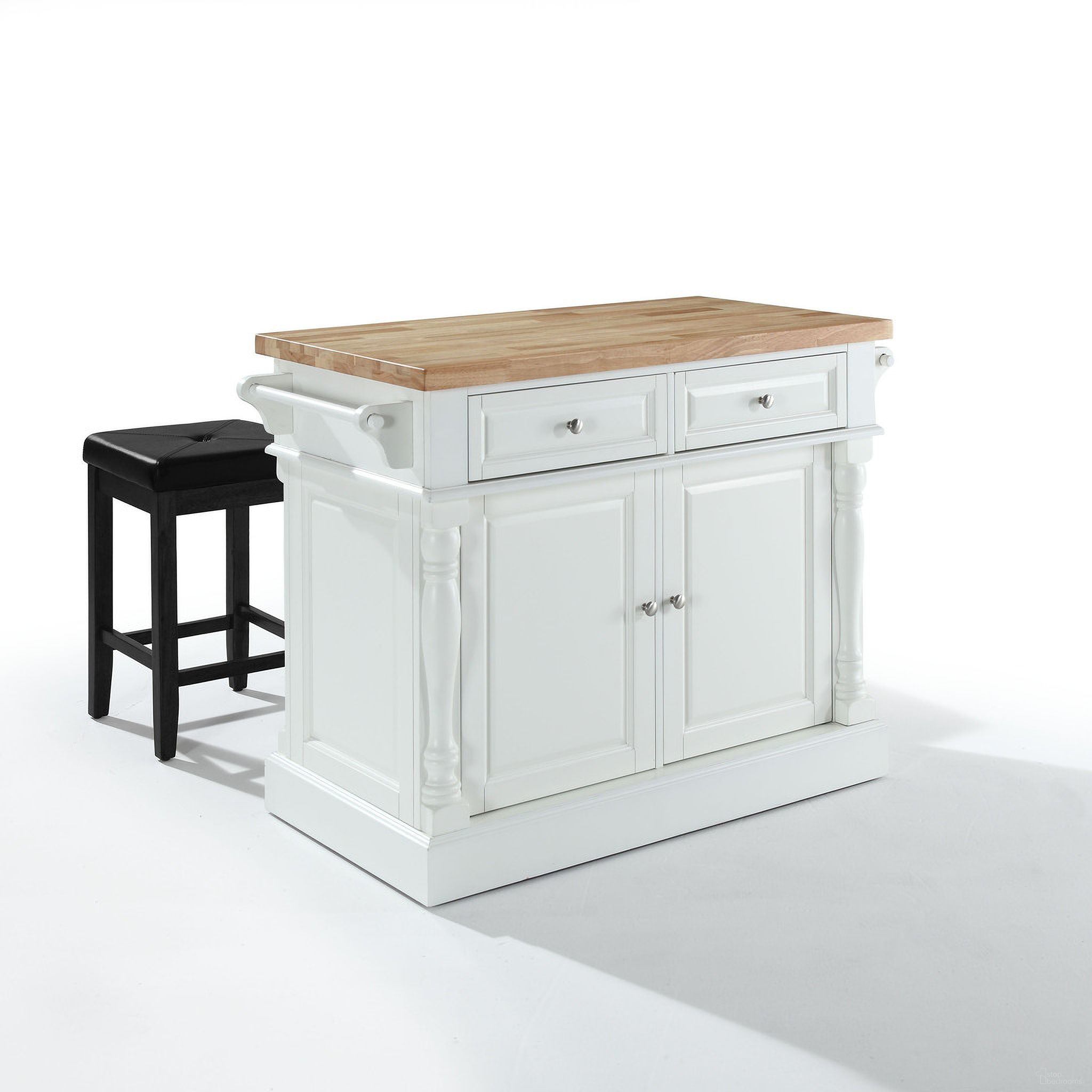 The appearance of Oxford Kitchen Island W/Square Seat Stools In White designed by Crosley Brands in the traditional interior design. This white piece of furniture was selected by 1StopBedrooms from Oxford Collection to add a touch of cosiness and style into your home. Sku: CF3004-WH-1OF2;CF3004-WH-2OF2;CF500524-BK. Material: Solid Rubberwood.