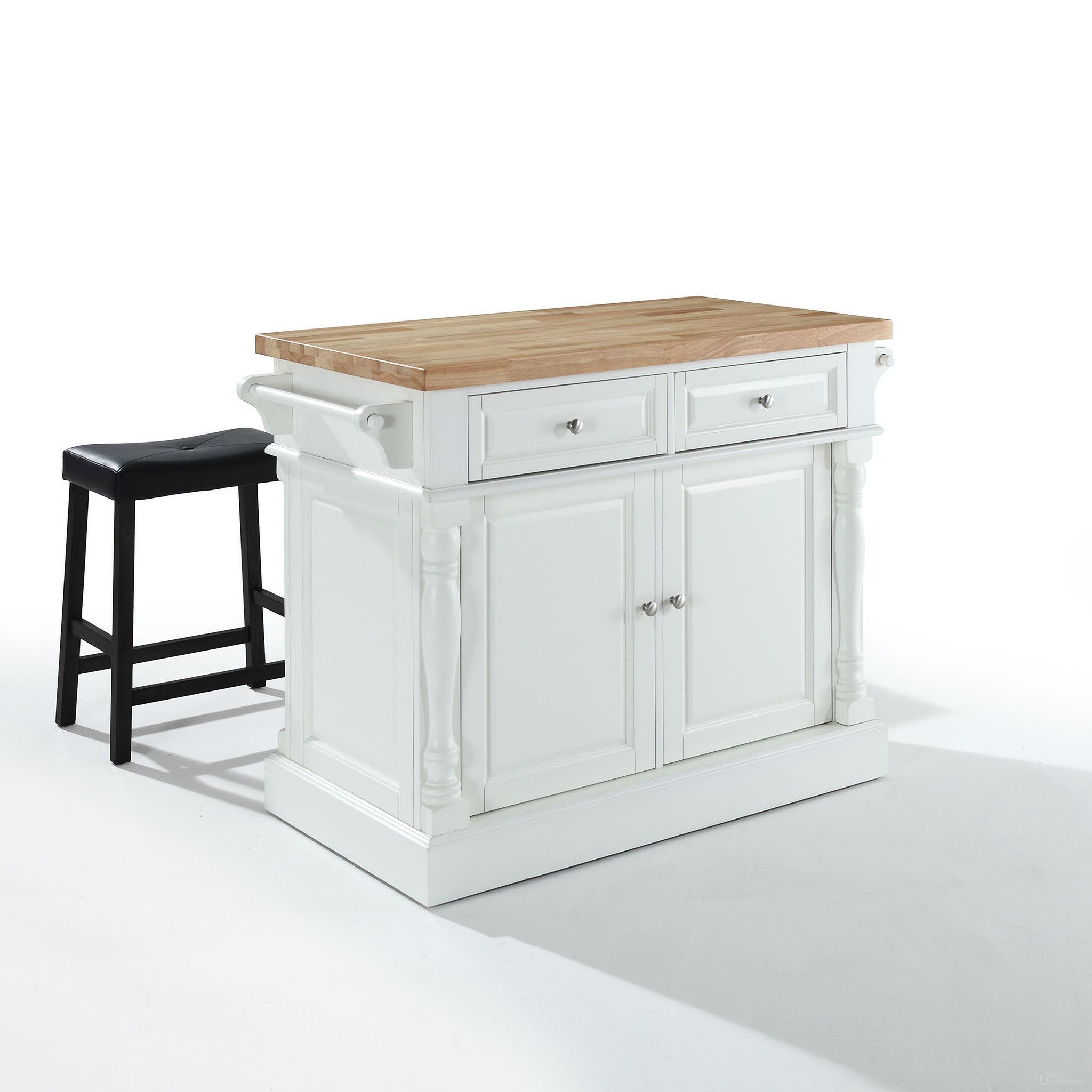 The appearance of Oxford Kitchen Island W/Upholstered Saddle Stools In White and Black designed by Crosley Brands in the traditional interior design. This white and black piece of furniture was selected by 1StopBedrooms from Oxford Collection to add a touch of cosiness and style into your home. Sku: CF3004-WH-1OF2;CF3004-WH-2OF2;CF500224-BK. Material: Particle Board.