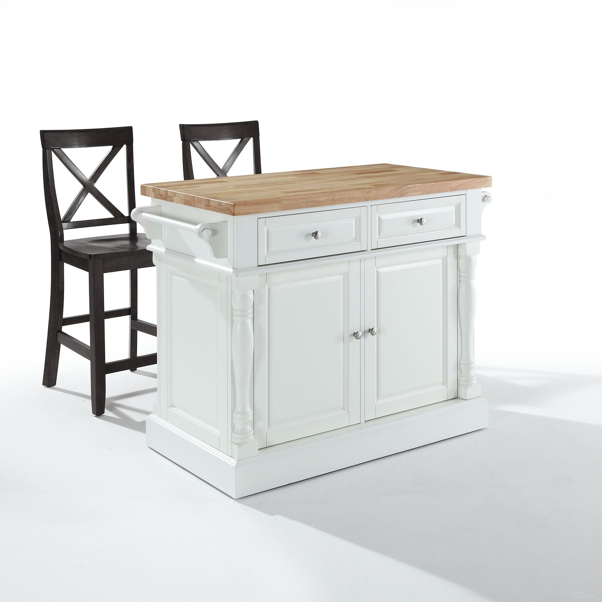 The appearance of Oxford Kitchen Island W/X-Back Stools In White designed by Crosley Brands in the traditional interior design. This white piece of furniture was selected by 1StopBedrooms from Oxford Collection to add a touch of cosiness and style into your home. Sku: CF3004-WH-1OF2;CF500424-BK;CF3004-WH-2OF2. Material: Solid Rubberwood.