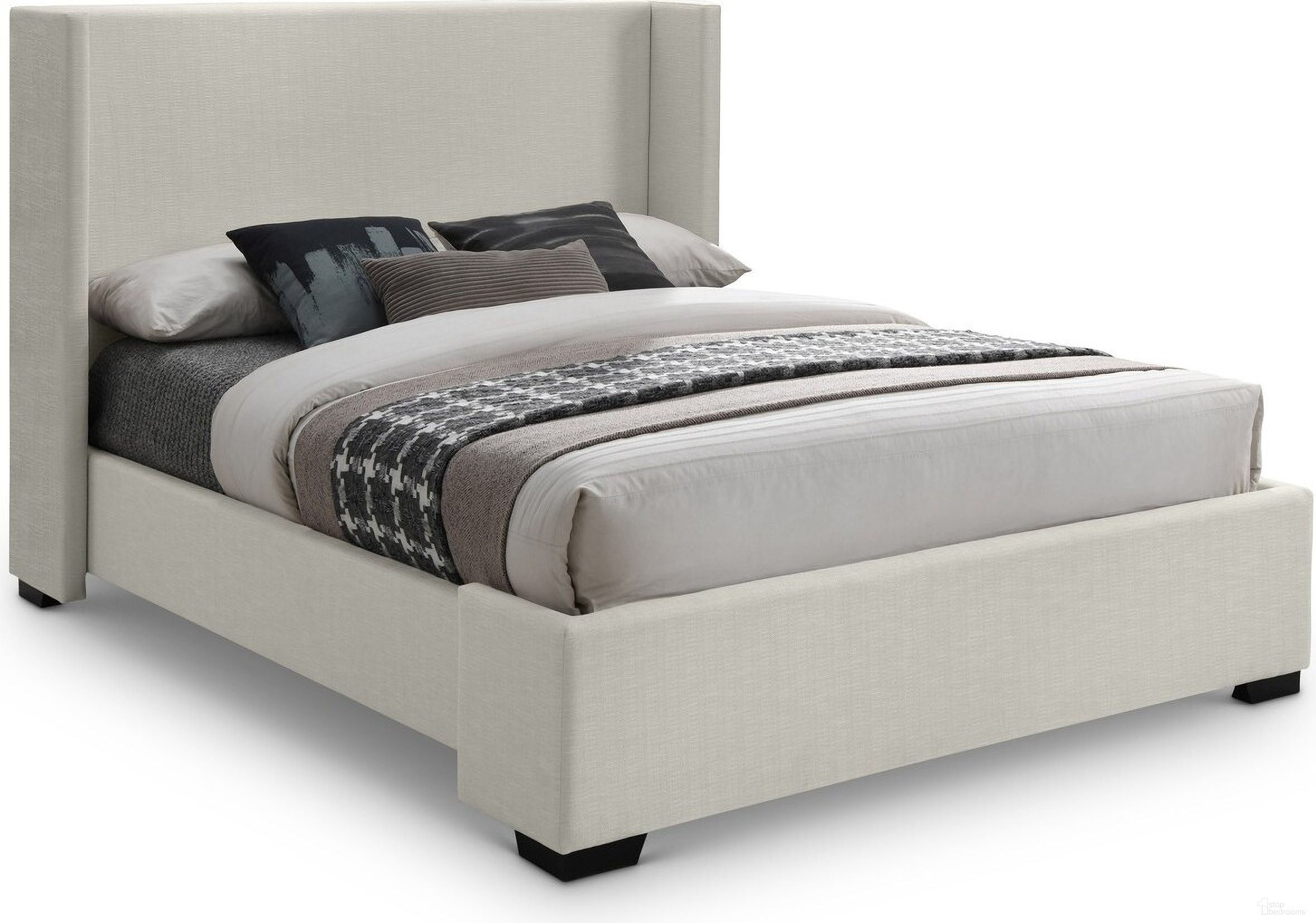 Oxford Linen Textured Fabric Queen Bed In Beige