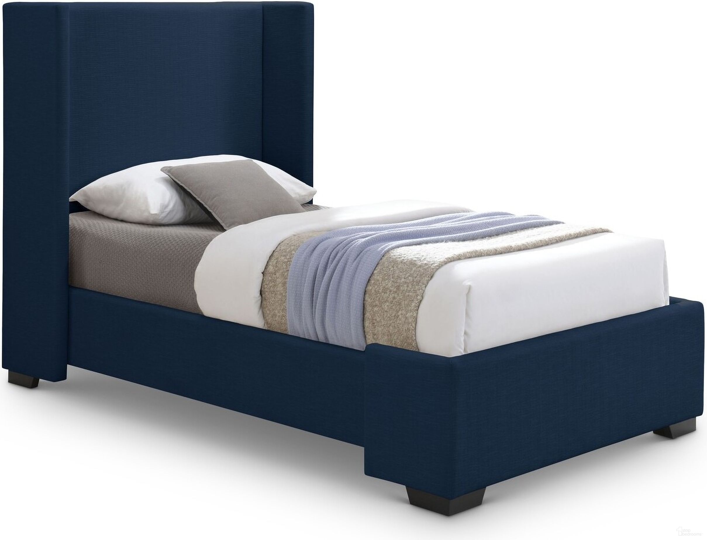 The appearance of Oxford Linen Textured Fabric Twin Bed In Navy designed by Meridian in the transitional interior design. This navy piece of furniture was selected by 1StopBedrooms from Oxford Collection to add a touch of cosiness and style into your home. Sku: OxfordNavy-T Box 1/3 (Headboard);OxfordNavy-T Box 2/3 (Footboard / Wings / Slats);OxfordNavy-T Box 3/3 (Side Rail). Material: Wood. Bed Size: Twin. Bed Type: Upholstered Bed.