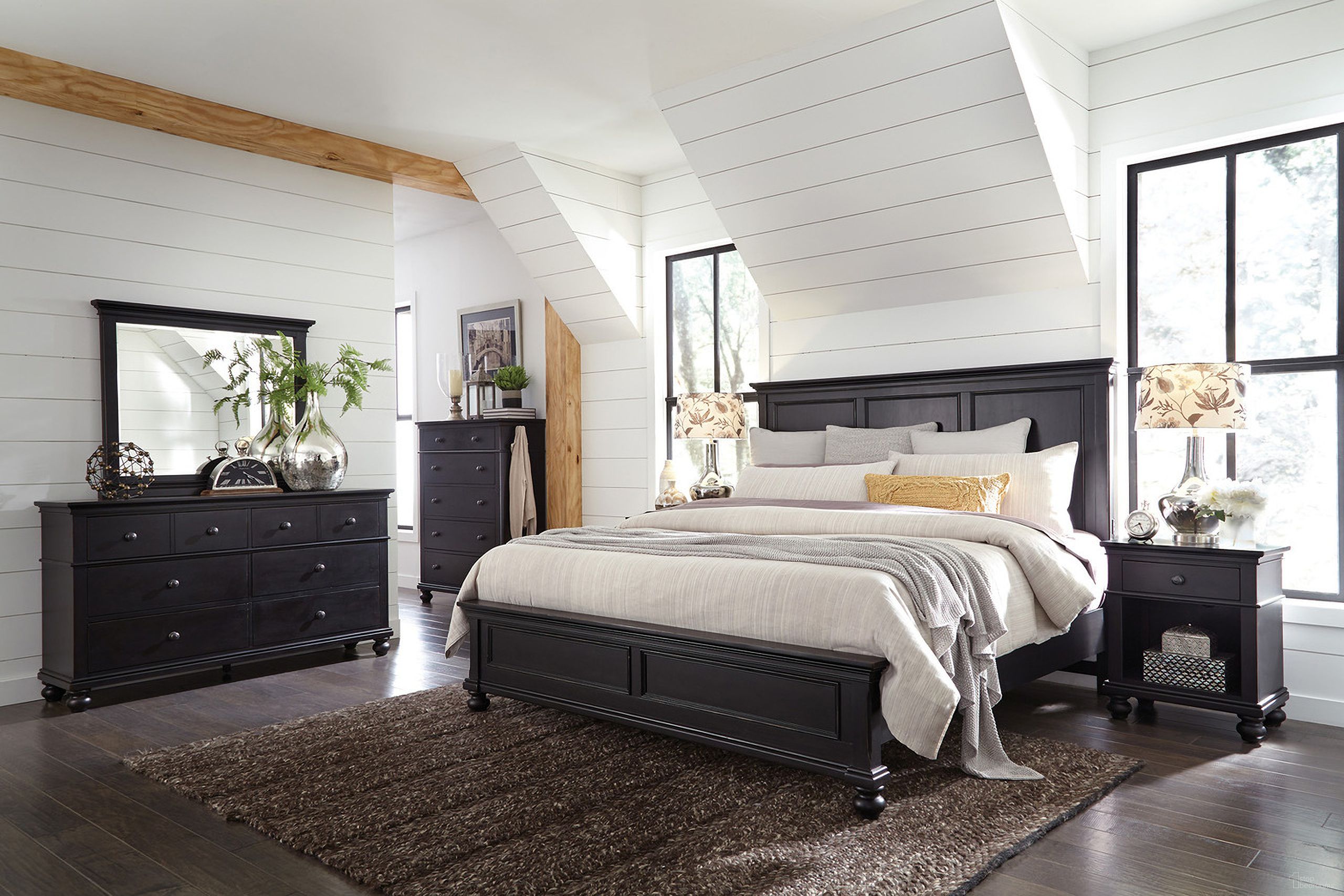 The appearance of Oxford Panel Storage Bedroom Set In Black designed by Aspenhome in the modern / contemporary interior design. This black piece of furniture  was selected by 1StopBedrooms from Oxford Collection to add a touch of cosiness and style into your home. Sku: I07-412-BLK;I07-403D-BLK;I07-402-BLK;I07-451N-BLK-1. Material: Wood. Bed Size: California King.