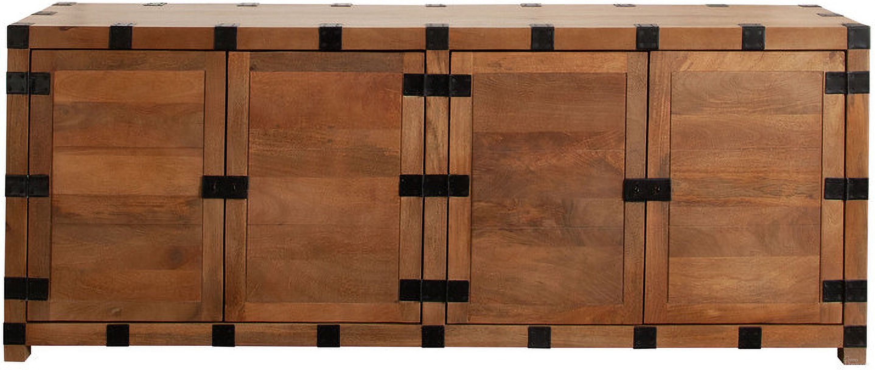 Oxford Solid Mango Wood 4-Door Sideboard In Oak Finish With Black Metal Bracket