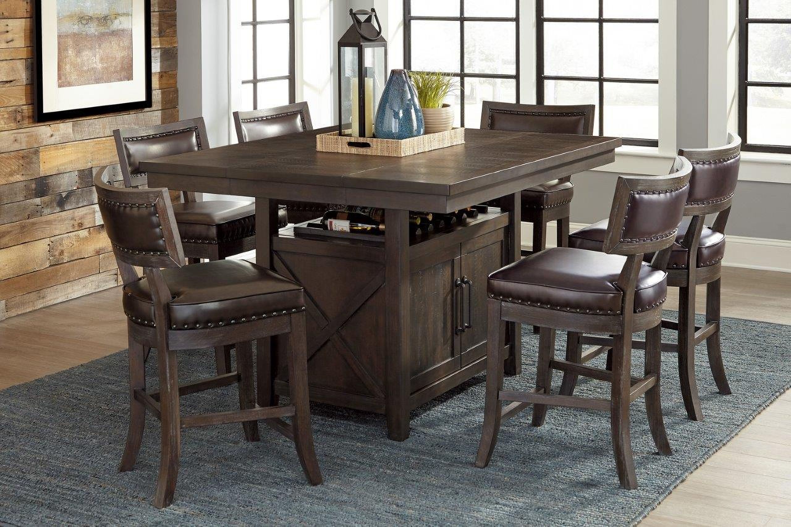 The appearance of Oxton Distressed Dark Cherry Extendable Counter Height Dining Room Set designed by Homelegance in the traditional interior design. This brown piece of furniture was selected by 1StopBedrooms from Oxton Collection to add a touch of cosiness and style into your home. Sku: 5655-36;5655-36B;5655-24FA. Table Base Style: Legs. Table Top Shape: Square. Material: Wood. Size: 56".