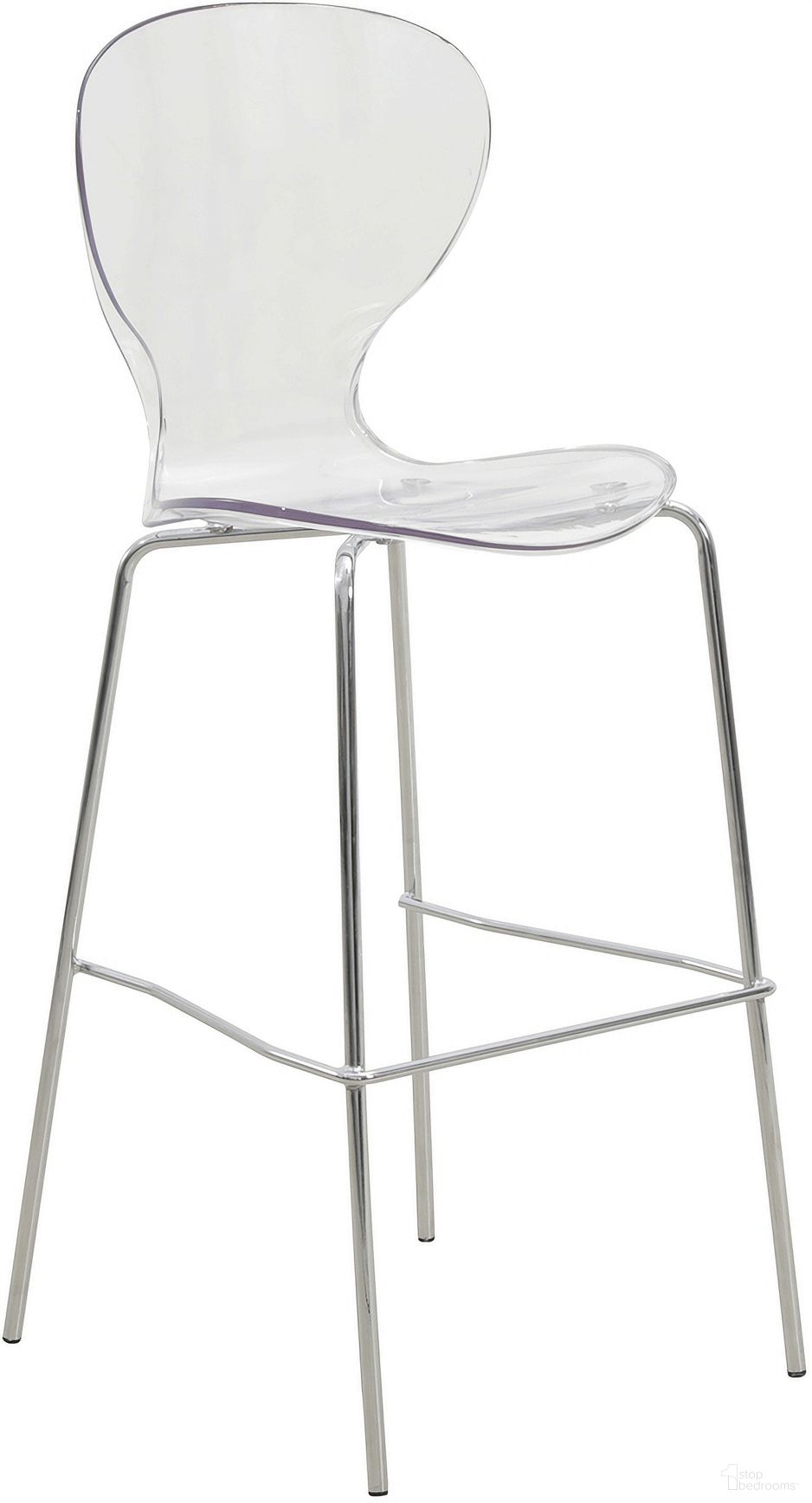 The appearance of Oyster Acrylic Barstool with Chrome Steel Frame In Clear designed by LeisureMod in the modern / contemporary interior design. This clear piece of furniture  was selected by 1StopBedrooms from Oyster Collection to add a touch of cosiness and style into your home. Sku: OC31CL. Material: Plastic.