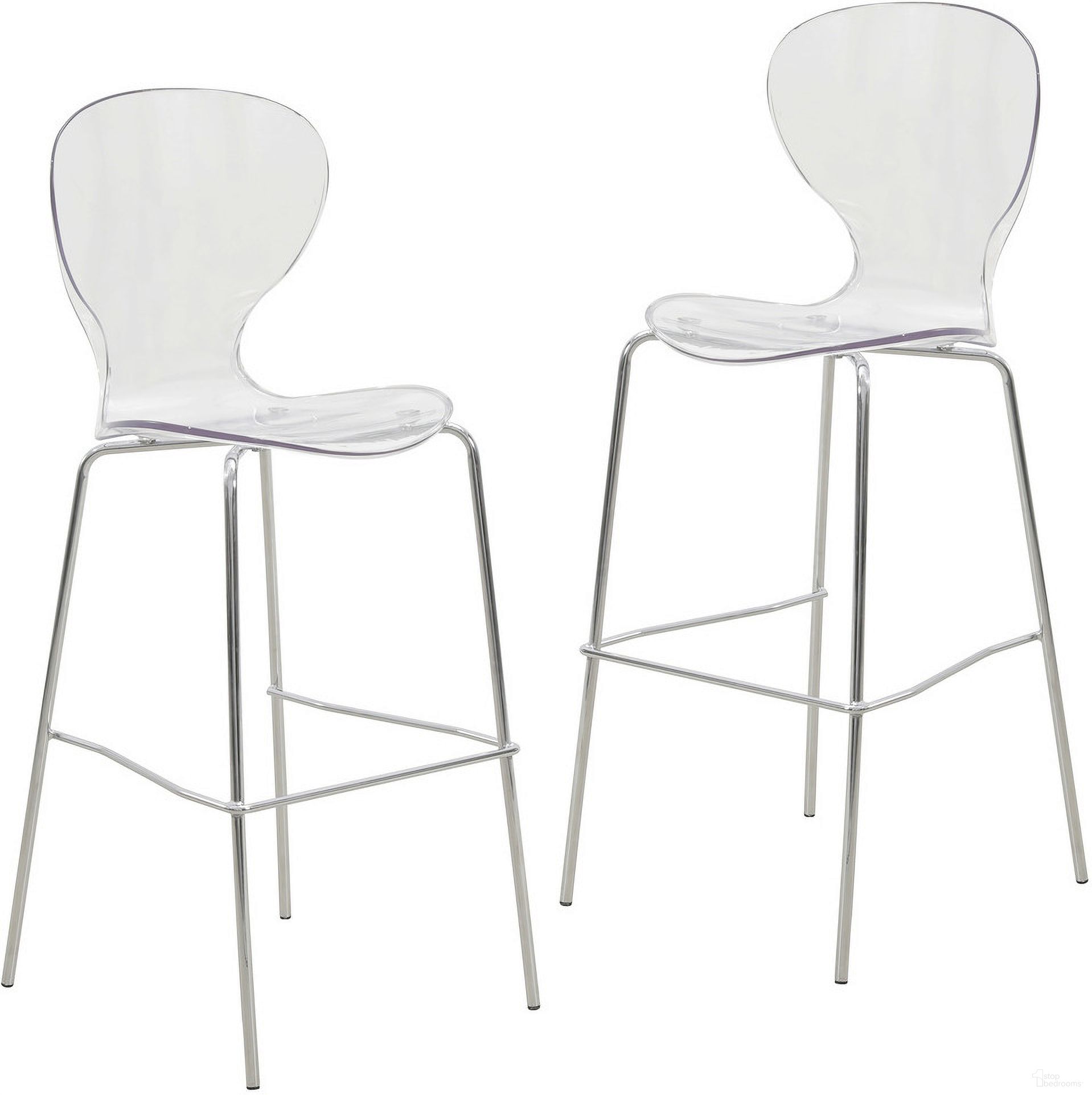 The appearance of Oyster Acrylic Barstool with Steel Frame In Chrome Finish Set of 2 In Clear designed by LeisureMod in the transitional interior design. This clear piece of furniture was selected by 1StopBedrooms from Oyster Collection to add a touch of cosiness and style into your home. Sku: OC31CL2. Material: Plastic.