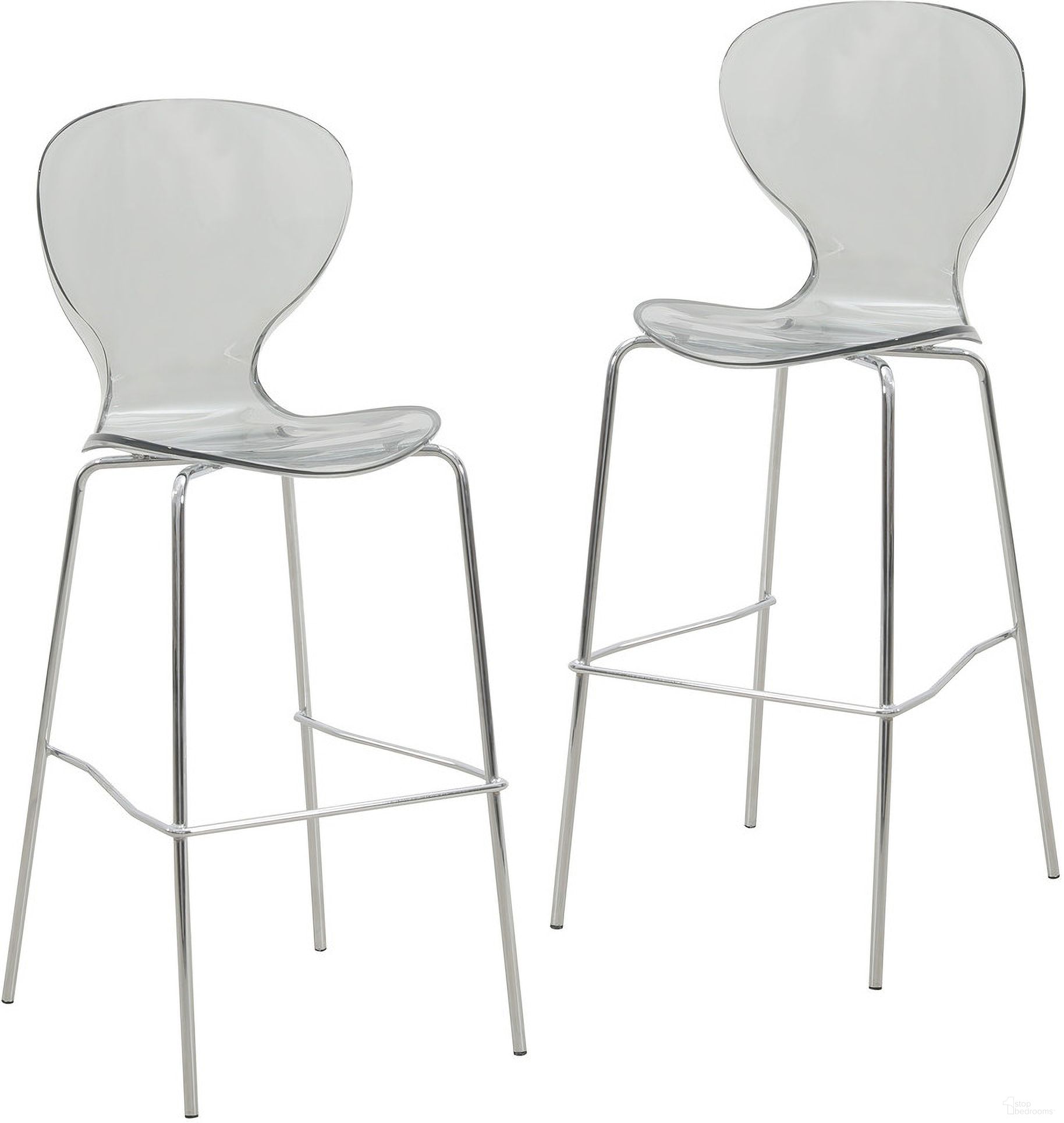 The appearance of Oyster Acrylic Barstool with Steel Frame In Chrome Finish Set of 2 In Smoke designed by LeisureMod in the transitional interior design. This smoke piece of furniture  was selected by 1StopBedrooms from Oyster Collection to add a touch of cosiness and style into your home. Sku: OC31TBL2. Material: Plastic.