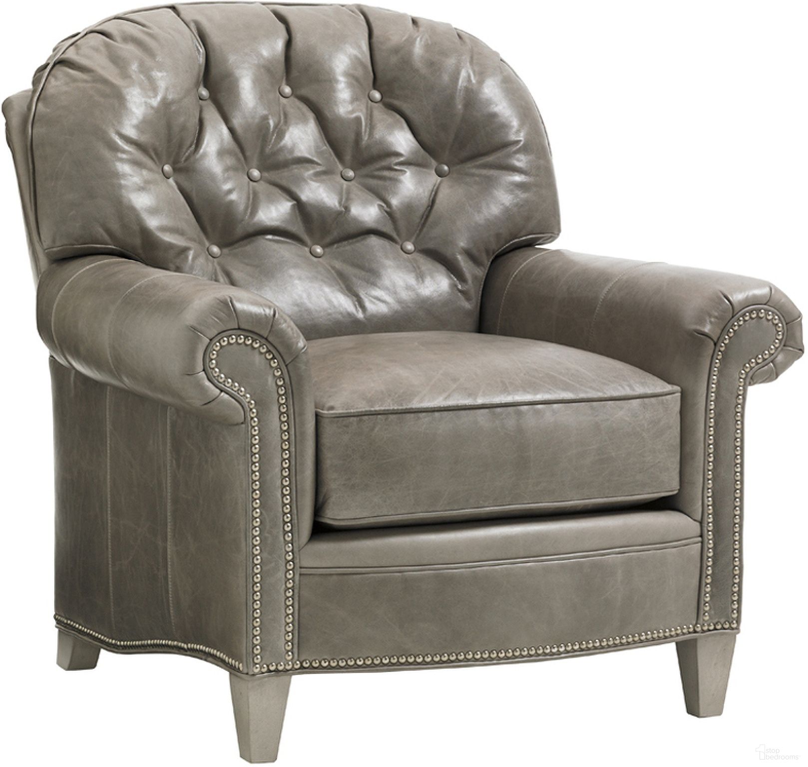 The appearance of Oyster Bay Bayville Leather Chair designed by Lexington in the traditional interior design. This gray piece of furniture was selected by 1StopBedrooms from Oyster Bay Collection to add a touch of cosiness and style into your home. Sku: LL7935-11-40. Material: Leather.