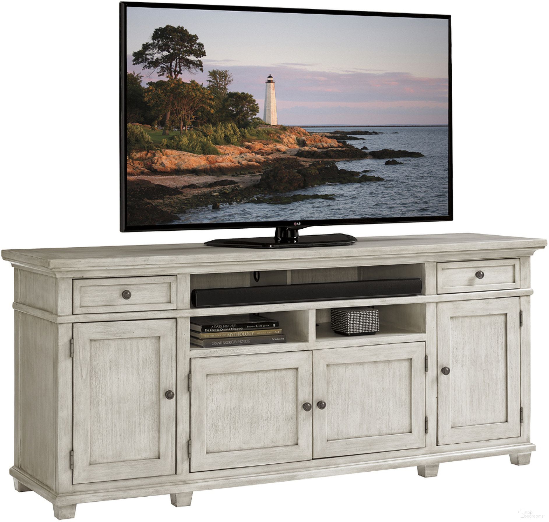 The appearance of Oyster Bay Kings Point Large Media Console designed by Lexington in the transitional interior design. This oyster piece of furniture  was selected by 1StopBedrooms from Oyster Bay Collection to add a touch of cosiness and style into your home. Sku: 714-908. Material: Wood.