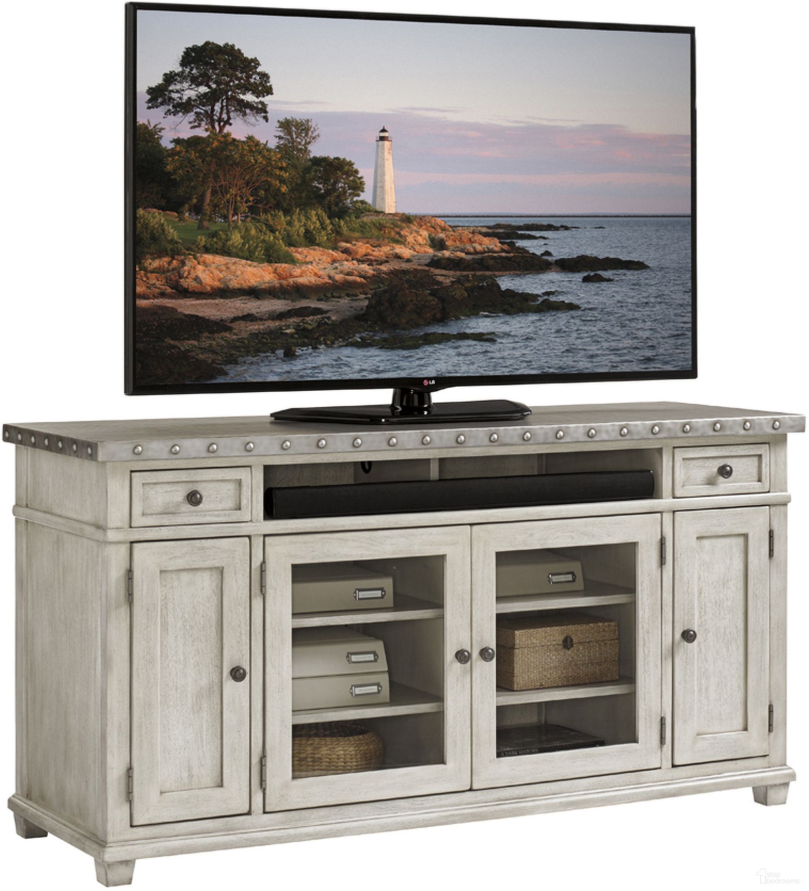 The appearance of Oyster Bay Shadow Valley Media Console designed by Lexington in the transitional interior design. This oyster piece of furniture was selected by 1StopBedrooms from Oyster Bay Collection to add a touch of cosiness and style into your home. Sku: 714-907. Material: Wood.