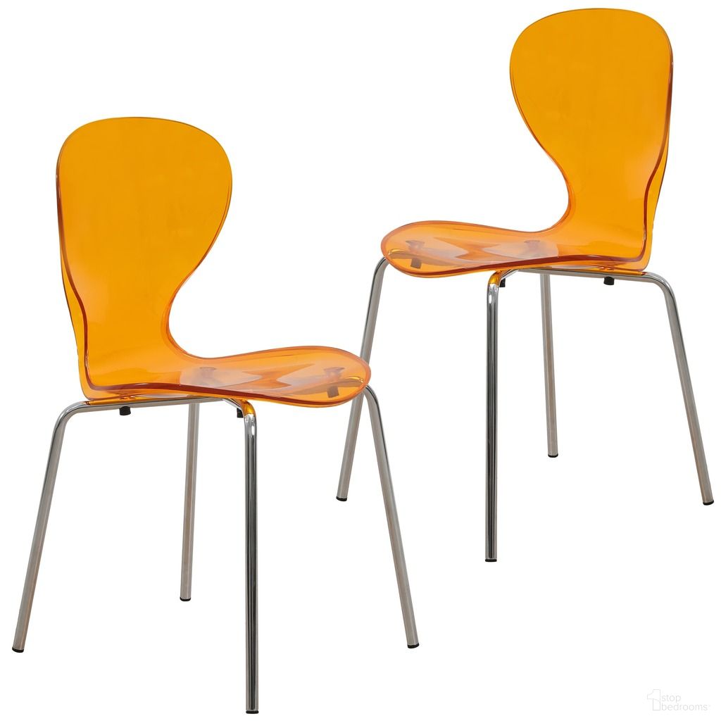 The appearance of Oyster Modernside Chair In Transparent Orange with Chromed Base Set of 2 designed by LeisureMod in the modern / contemporary interior design. This orange piece of furniture  was selected by 1StopBedrooms from Oyster Collection to add a touch of cosiness and style into your home. Sku: OC17TOR2. Material: Plastic. Chair Type: Side Chair.