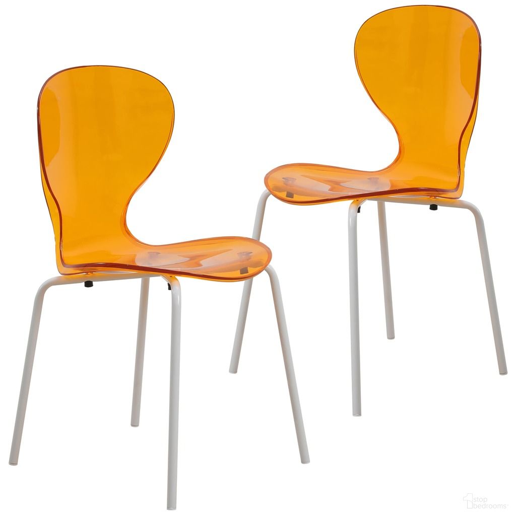 The appearance of Oyster Moderntransparent Side Chair Set of 2 In White Base and Transparent Orange designed by LeisureMod in the modern / contemporary interior design. This orange piece of furniture was selected by 1StopBedrooms from Oyster Collection to add a touch of cosiness and style into your home. Sku: OCW-17TOR2. Material: Plastic. Chair Type: Side Chair.