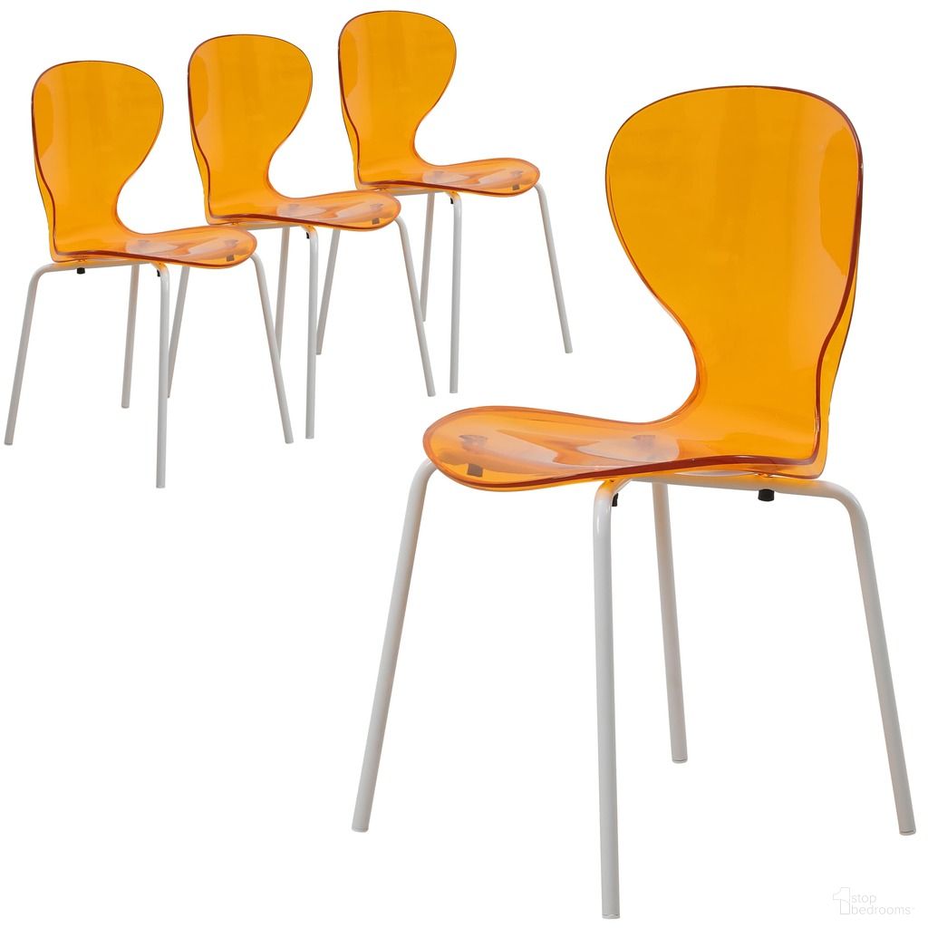The appearance of Oyster Moderntransparent Side Chair Set of 4 In White Base and Transparent Orange designed by LeisureMod in the modern / contemporary interior design. This orange piece of furniture was selected by 1StopBedrooms from Oyster Collection to add a touch of cosiness and style into your home. Sku: OCW-17TOR4. Material: Plastic. Chair Type: Side Chair.