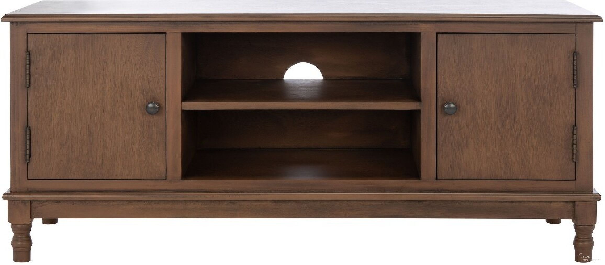 The appearance of Ozark 2 Door 1 Shelf Media Stand in Brown designed by Safavieh in the country / farmhouse interior design. This brown piece of furniture was selected by 1StopBedrooms from Ozark Collection to add a touch of cosiness and style into your home. Sku: MED5700C. Material: Wood.
