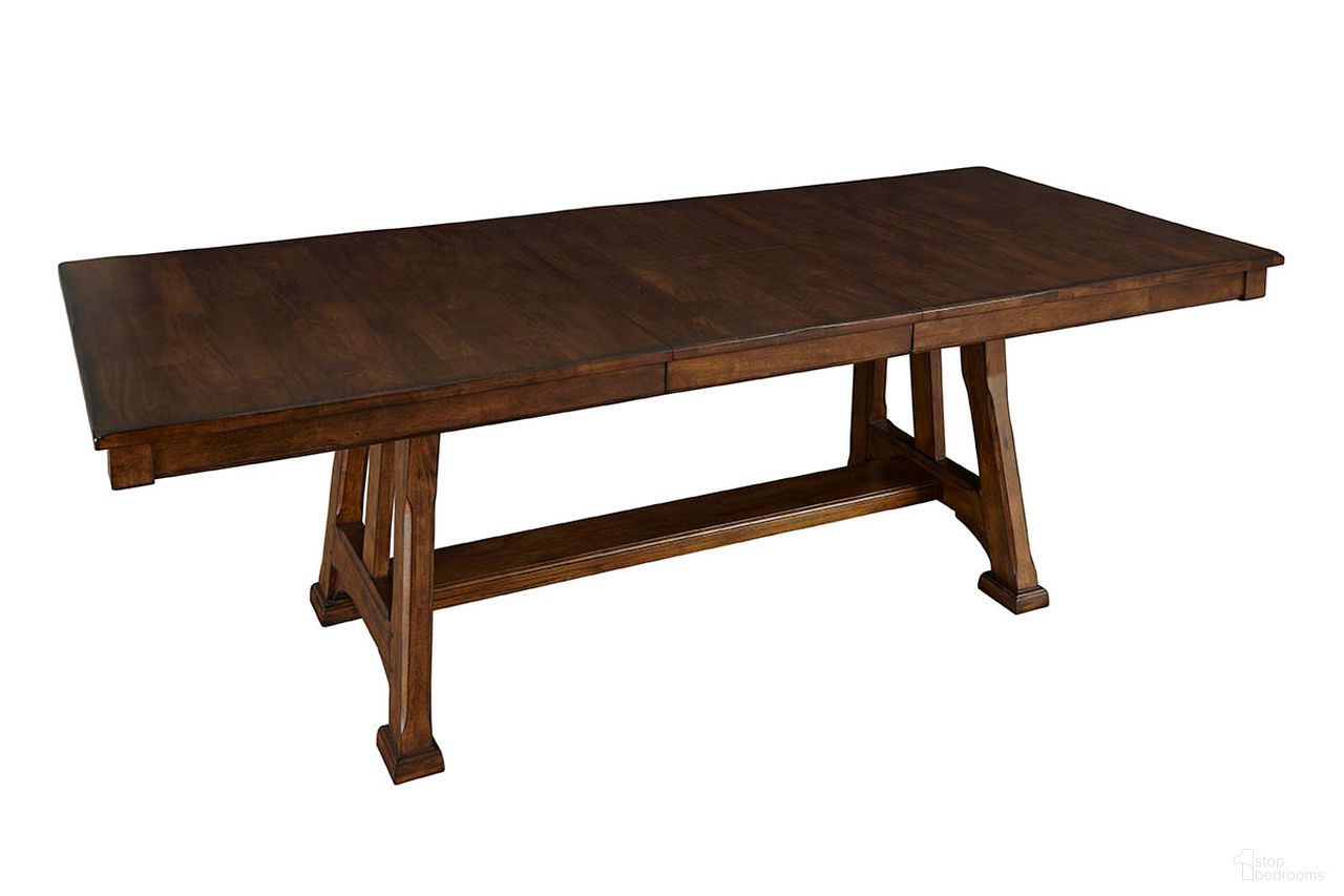 The appearance of Ozark Trestle Table With One Butterfly Leaf In Warm Pecan designed by A-America in the cabin / lodge interior design. This pecan piece of furniture was selected by 1StopBedrooms from Ozark Collection to add a touch of cosiness and style into your home. Sku: OZAMA6320. Table Base Style: Trestle. Material: Wood. Table Top Shape: Rectangular. Size: 92" x 40".