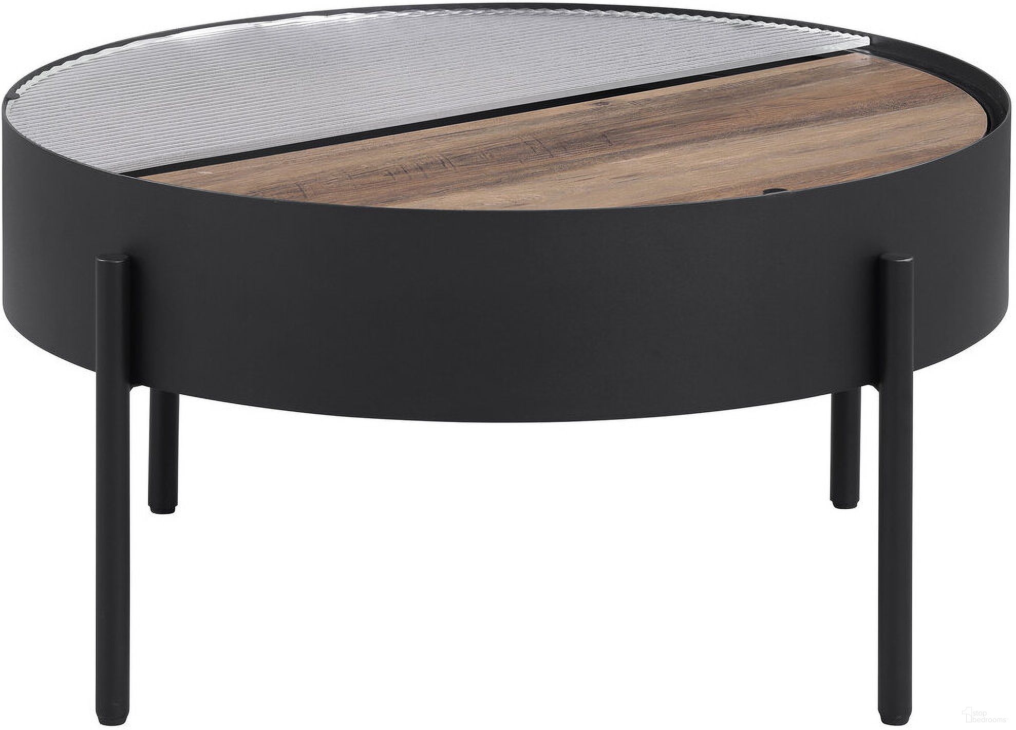 The appearance of Ozella Round Coffee Table with Hidden Storage In Sandy Black designed by Coaster in the rustic / southwestern interior design. This sandy black piece of furniture  was selected by 1StopBedrooms from Ozella Collection to add a touch of cosiness and style into your home. Sku: 707898. Material: MDF.