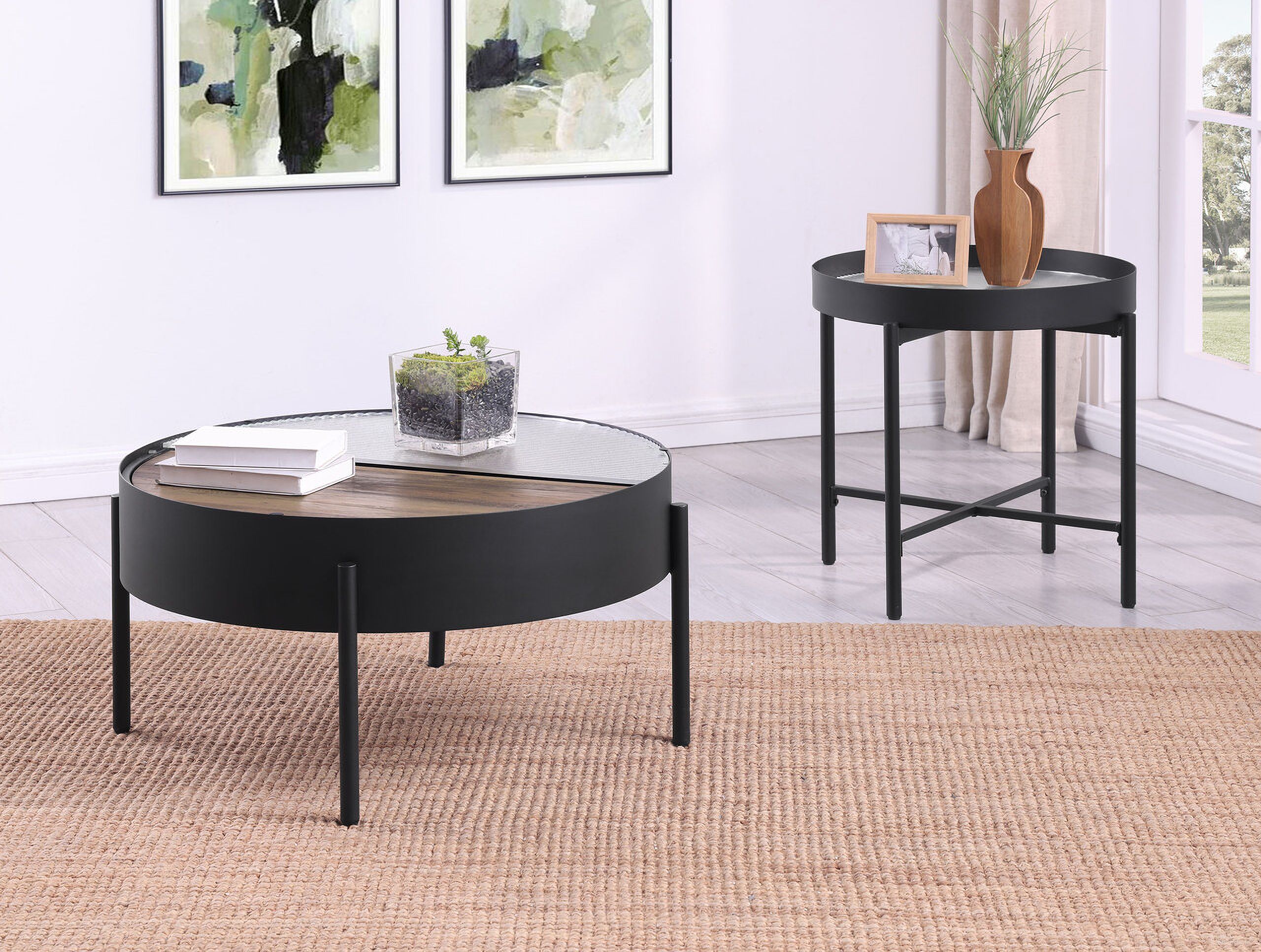 The appearance of Ozella Round Occasional Table Set with Hidden Storage In Sandy Black designed by Coaster in the rustic / southwestern interior design. This sandy black piece of furniture  was selected by 1StopBedrooms from Ozella Collection to add a touch of cosiness and style into your home. Sku: 707898;707897. Material: Engineered Wood.