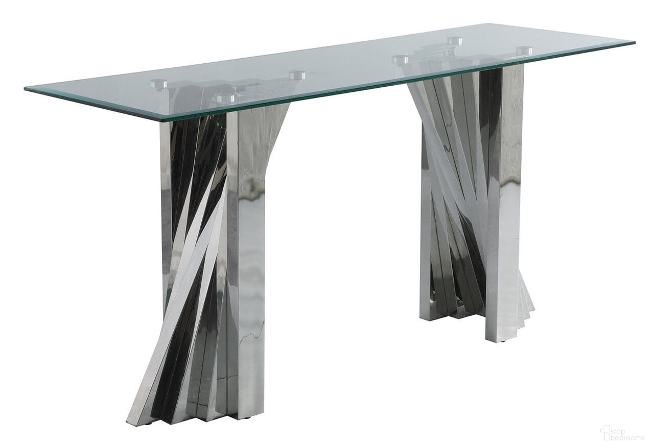 The appearance of Ozuna Geometric Console Table In Clear Glass and Silver Stainless Steel designed by Best Quality Furniture in the modern / contemporary interior design. This silver and glass piece of furniture  was selected by 1StopBedrooms from Ozuna Collection to add a touch of cosiness and style into your home. Sku: CT03-T;CT03-B. Material: Stainless Steel.
