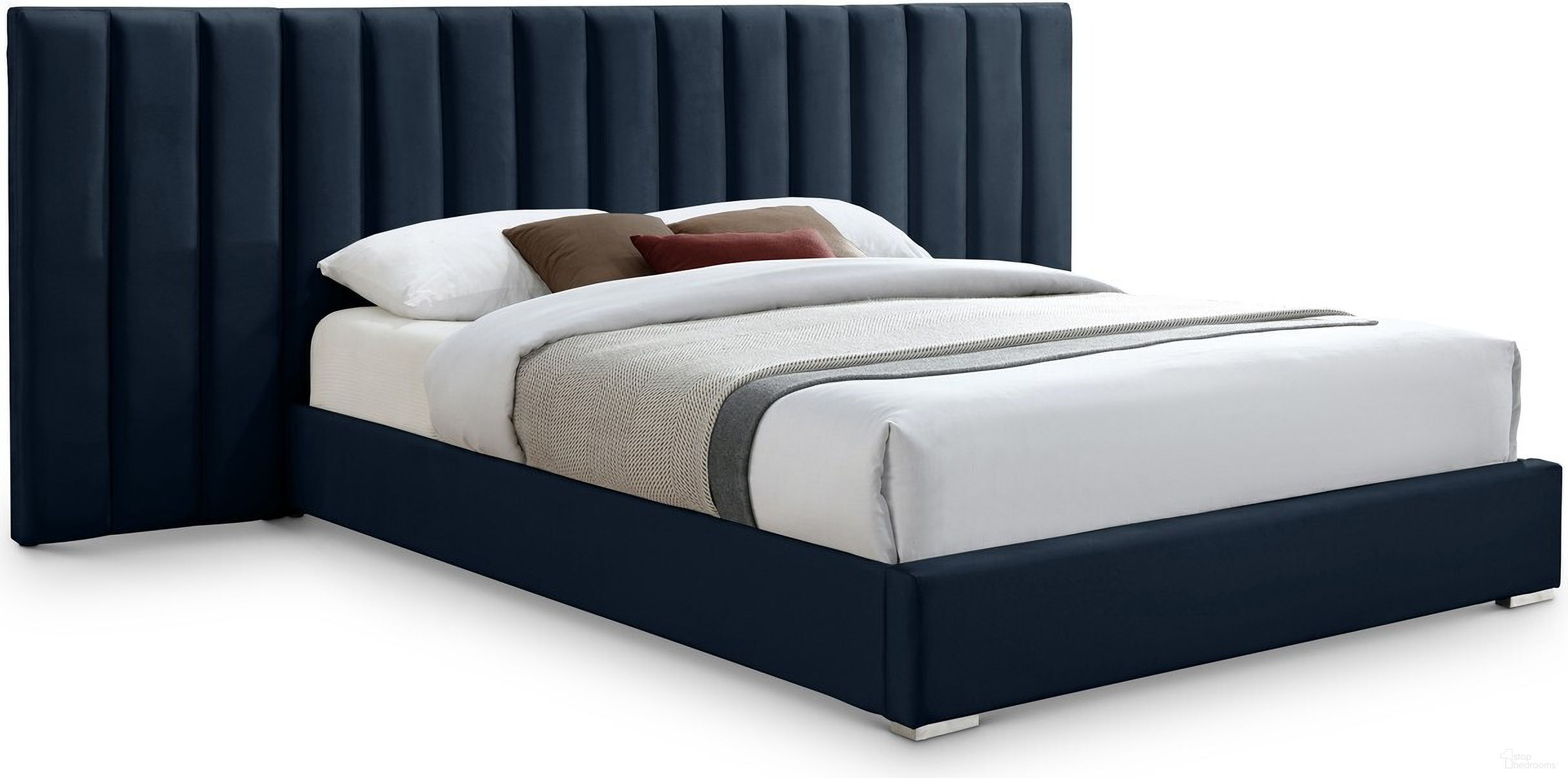 The appearance of Pablo Velvet Queen Bed In Navy designed by Meridian in the modern / contemporary interior design. This navy piece of furniture  was selected by 1StopBedrooms from Pablo Collection to add a touch of cosiness and style into your home. Sku: PabloNavy-Q Box 1/2 (Headboard / Side Panel);PabloNavy-Q Box 2/2 (Footboard / Side Rail / Slats / Hardware). Bed Type: Panel Bed. Bed Size: Queen. Material: Velvet.