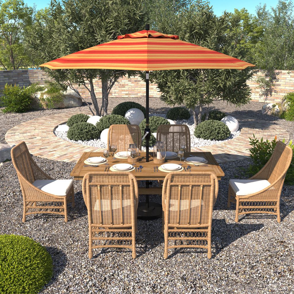 Pacific Trail 9' Patio Umbrella with Aluminum Pole Ribs Push Button Tilt Crank Lift with Sunbrella Fabric In Astoria Sunset and Stone Black