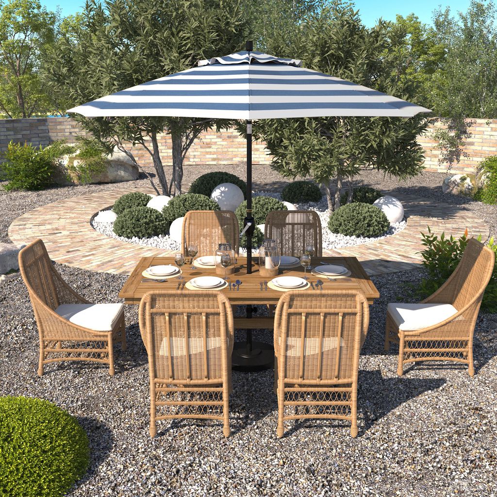 Pacific Trail 9' Patio Umbrella with Aluminum Pole Ribs Push Button Tilt Crank Lift with Sunbrella Fabric In Cabana Regatta and Stone Black
