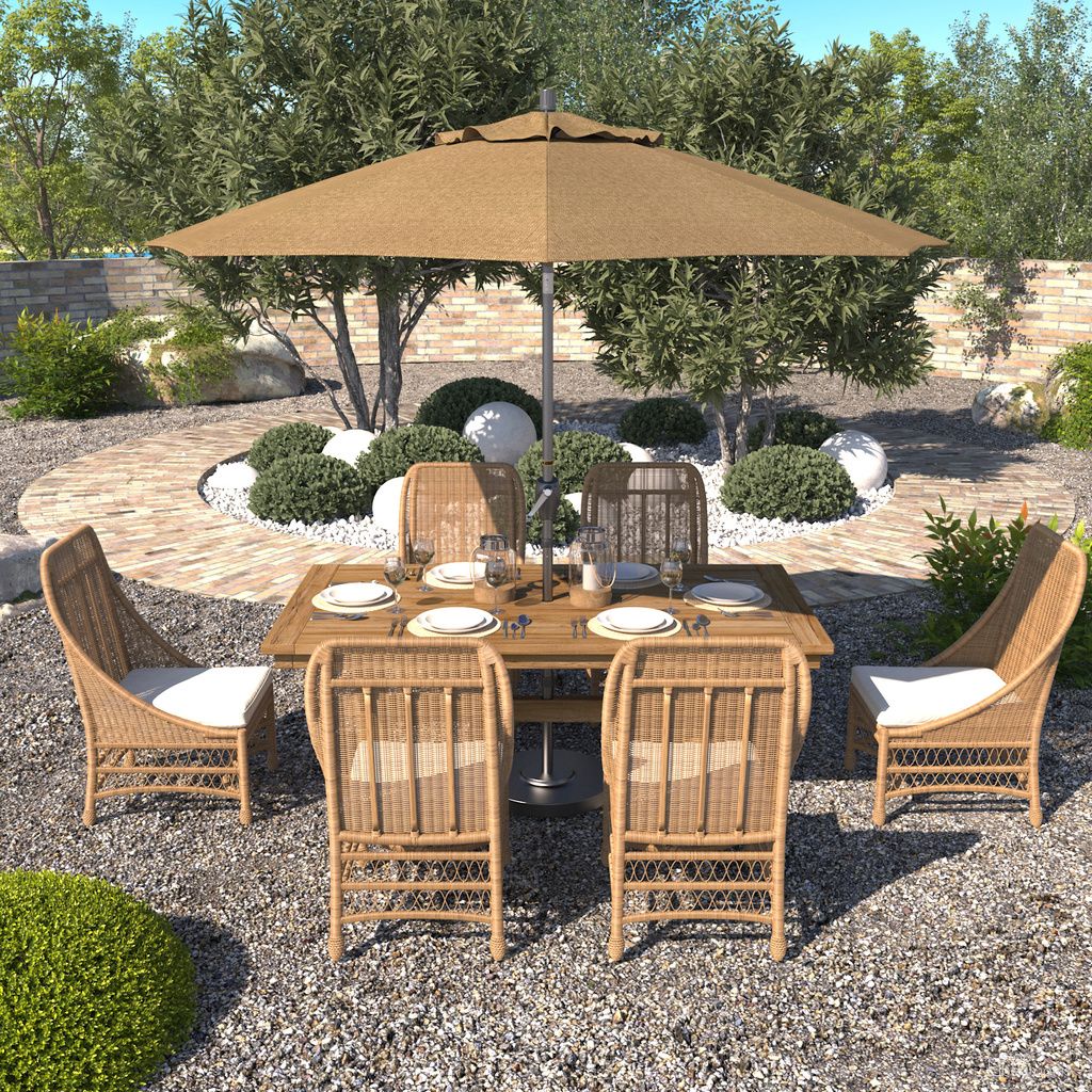 Pacific Trail 9' Patio Umbrella with Aluminum Pole Ribs Push Button Tilt Crank Lift with Sunbrella Fabric In Linen Sesame and Hammertone Grey