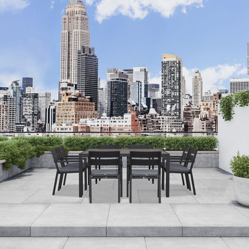 The appearance of Pacifica 9 Piece Square Dining Set In Canvas Charcoal and Black designed by Harmonia Living in the modern / contemporary interior design. This canvas charcoal/black piece of furniture  was selected by 1StopBedrooms from Pacifica Collection to add a touch of cosiness and style into your home. Sku: HL-PAC-BK-9SDS-CC. Table Base Style: Legs. Table Top Shape: Square. Material: Aluminum.