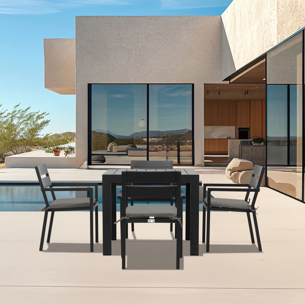 The appearance of Pacifica Classic 4 Seat Square Dining Set In Canvas Charcoal and Black designed by Harmonia Living in the modern / contemporary interior design. This canvas charcoal/black piece of furniture was selected by 1StopBedrooms from Pacifica Collection to add a touch of cosiness and style into your home. Sku: PAC-BK-SET510-CC. Table Base Style: Legs. Table Top Shape: Square. Material: Aluminum.