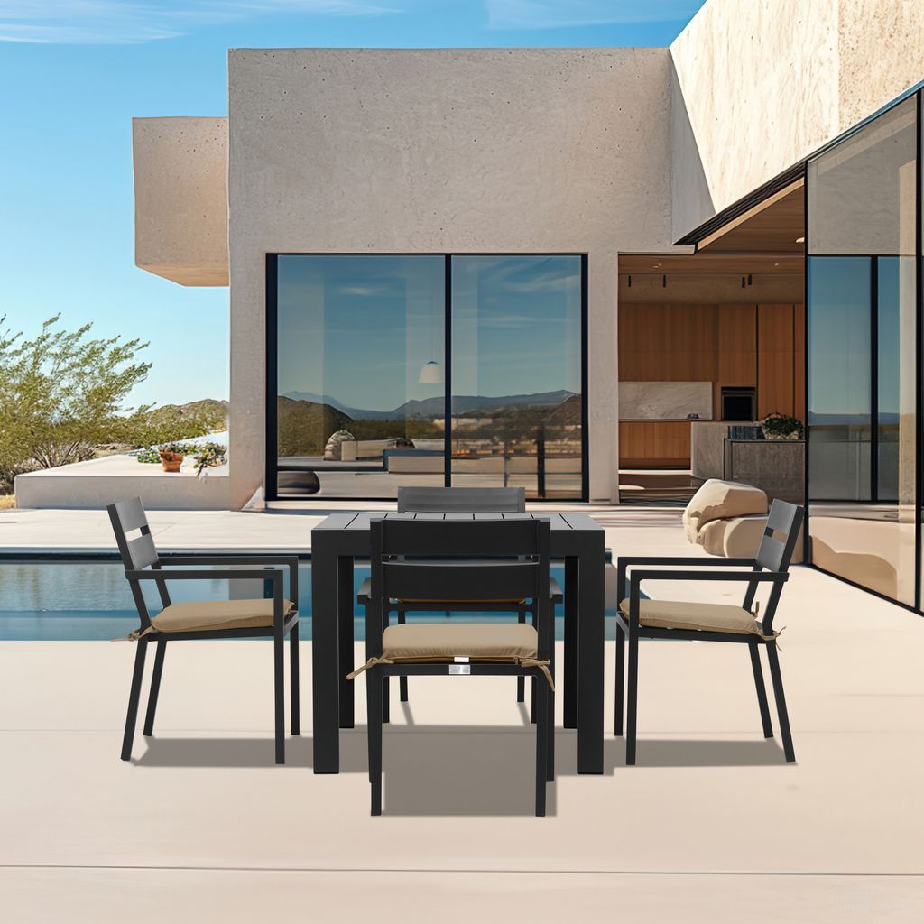 The appearance of Pacifica Classic 4 Seat Square Dining Set In Heather Beige and Black designed by Harmonia Living in the modern / contemporary interior design. This heather beige/black piece of furniture was selected by 1StopBedrooms from Pacifica Collection to add a touch of cosiness and style into your home. Sku: PAC-BK-SET510-HB. Table Base Style: Legs. Table Top Shape: Square. Material: Aluminum.