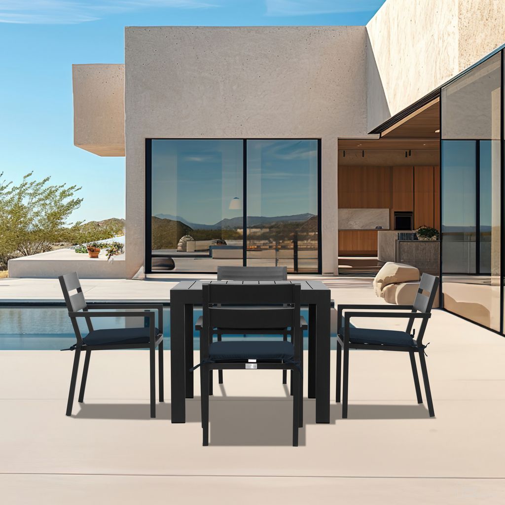 The appearance of Pacifica Classic 4 Seat Square Dining Set In Spectrum Indigo and Black designed by Harmonia Living in the modern / contemporary interior design. This spectrum indigo/black piece of furniture was selected by 1StopBedrooms from Pacifica Collection to add a touch of cosiness and style into your home. Sku: PAC-BK-SET510-IN. Table Base Style: Legs. Table Top Shape: Square. Material: Aluminum.