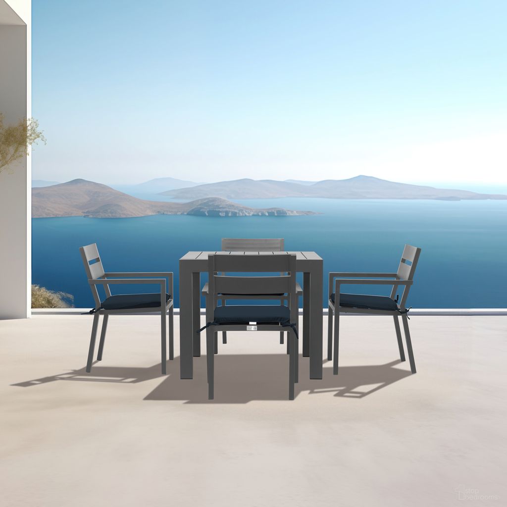 The appearance of Pacifica Classic 4 Seat Square Dining Set In Spectrum Indigo and Slate designed by Harmonia Living in the modern / contemporary interior design. This spectrum indigo/slate piece of furniture was selected by 1StopBedrooms from Pacifica Collection to add a touch of cosiness and style into your home. Sku: PAC-SL-SET510-IN. Table Base Style: Legs. Table Top Shape: Square. Material: Aluminum.