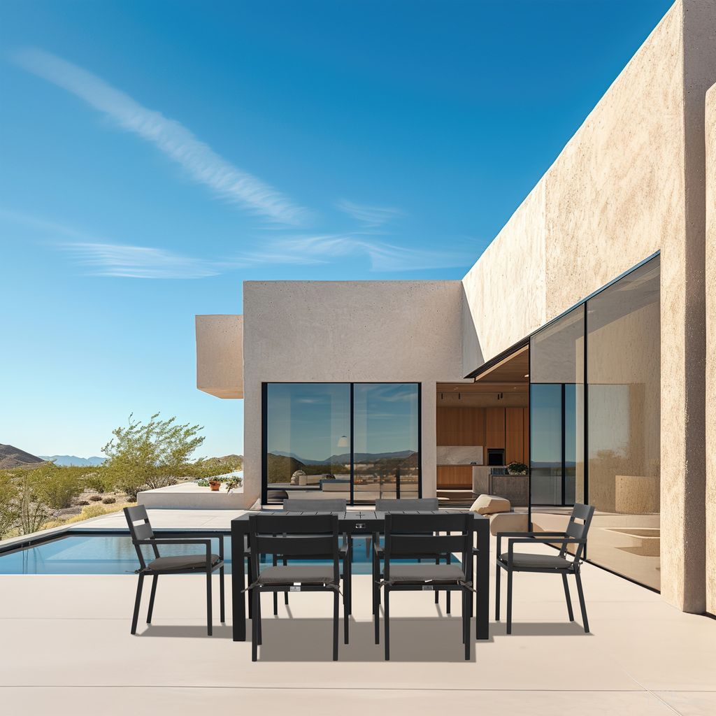 The appearance of Pacifica Classic 6 Seat Rectangular Dining Set In Canvas Charcoal and Black designed by Harmonia Living in the modern / contemporary interior design. This canvas charcoal/black piece of furniture was selected by 1StopBedrooms from Pacifica Collection to add a touch of cosiness and style into your home. Sku: PAC-BK-SET533-CC. Table Base Style: Legs. Material: Aluminum. Table Top Shape: Rectangular.