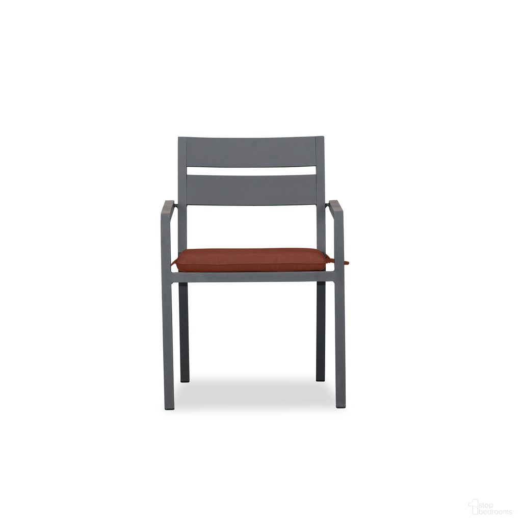 The appearance of Pacifica Dining Arm Chair In Canvas Henna and Slate designed by Harmonia Living in the modern / contemporary interior design. This canvas henna/slate piece of furniture  was selected by 1StopBedrooms from Pacifica Collection to add a touch of cosiness and style into your home. Sku: HL-PAC-SL-DAC-HN. Material: Aluminum.