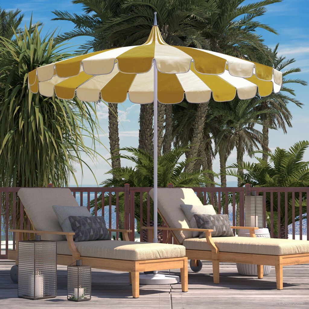 Pagoda 8.5' Patio Umbrella with Aluminum Pole Push Lift with Sunbrella Fabric In Natural/Sunflower Yellow/White