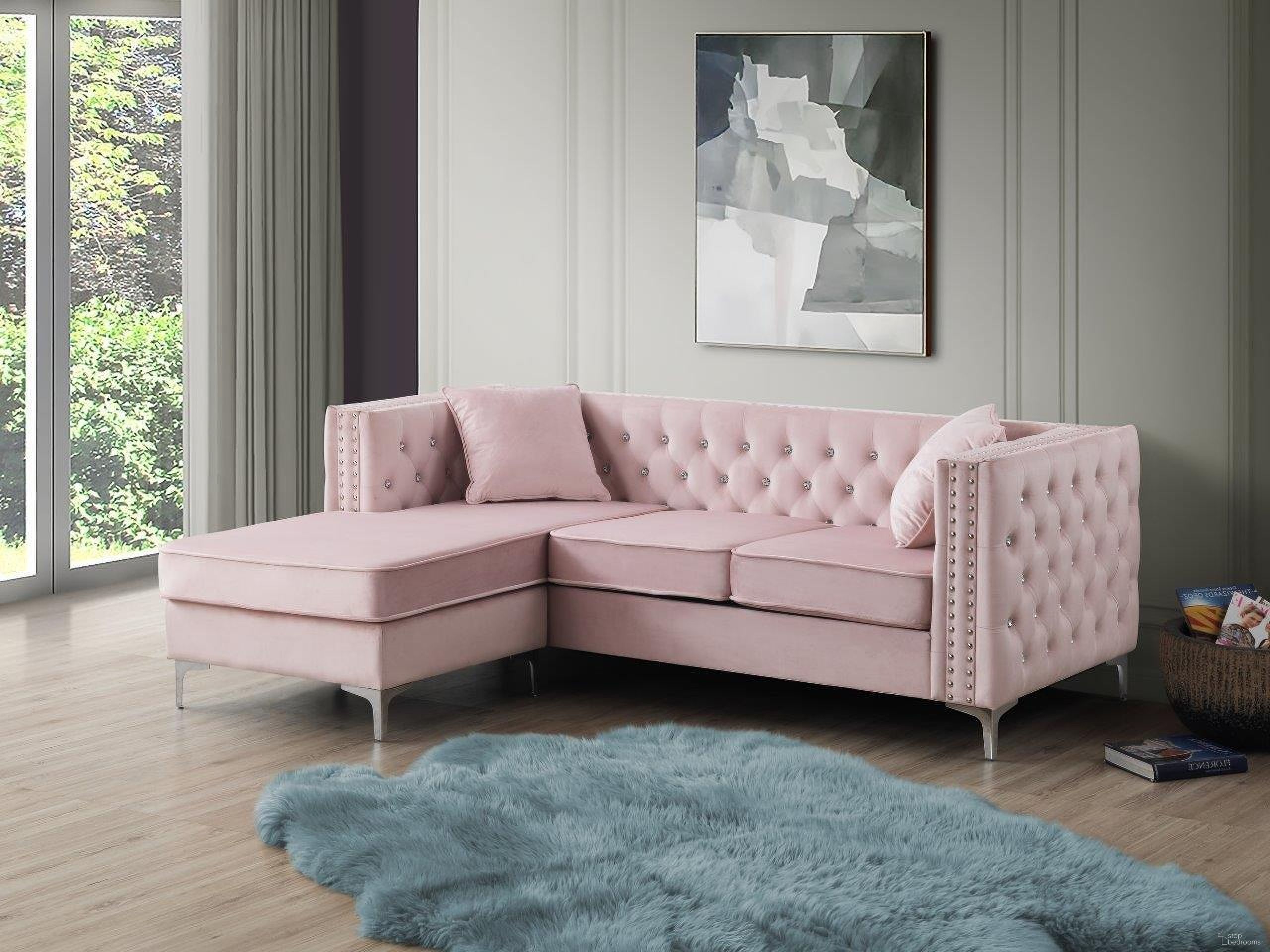 The appearance of Paige Pink Sofa Chaise designed by Glory in the modern / contemporary interior design. This pink piece of furniture was selected by 1StopBedrooms from Paige Collection to add a touch of cosiness and style into your home. Sku: G824B-SC Box 1;G824B-SC Box 2. Material: Velvet.