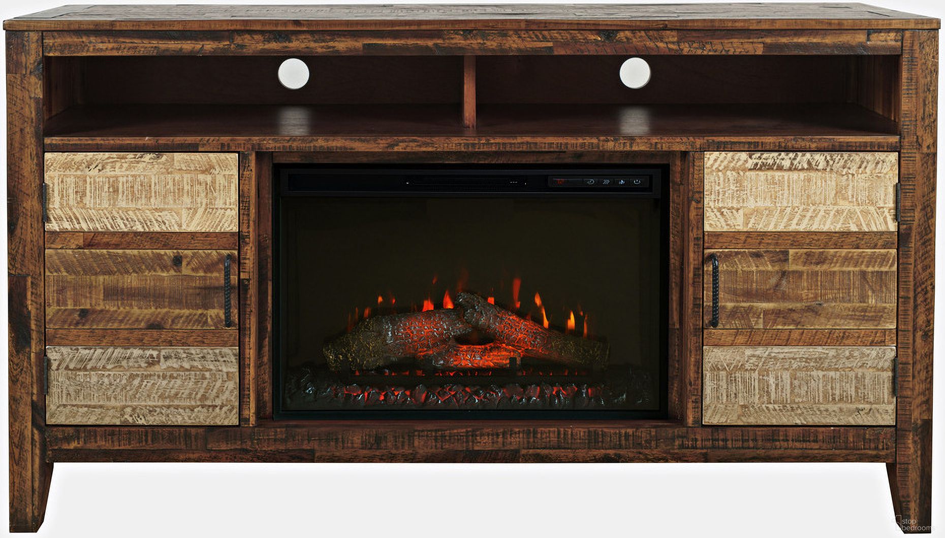 The appearance of Painted Canyon 60 Inch Storage Console TV Stand with Electric Fireplace In Distressed Brown designed by Jofran in the rustic / southwestern interior design. This distressed brown piece of furniture was selected by 1StopBedrooms from Painted Canyon Collection to add a touch of cosiness and style into your home. Sku: 1600-FP6034R. Material: Acacia.