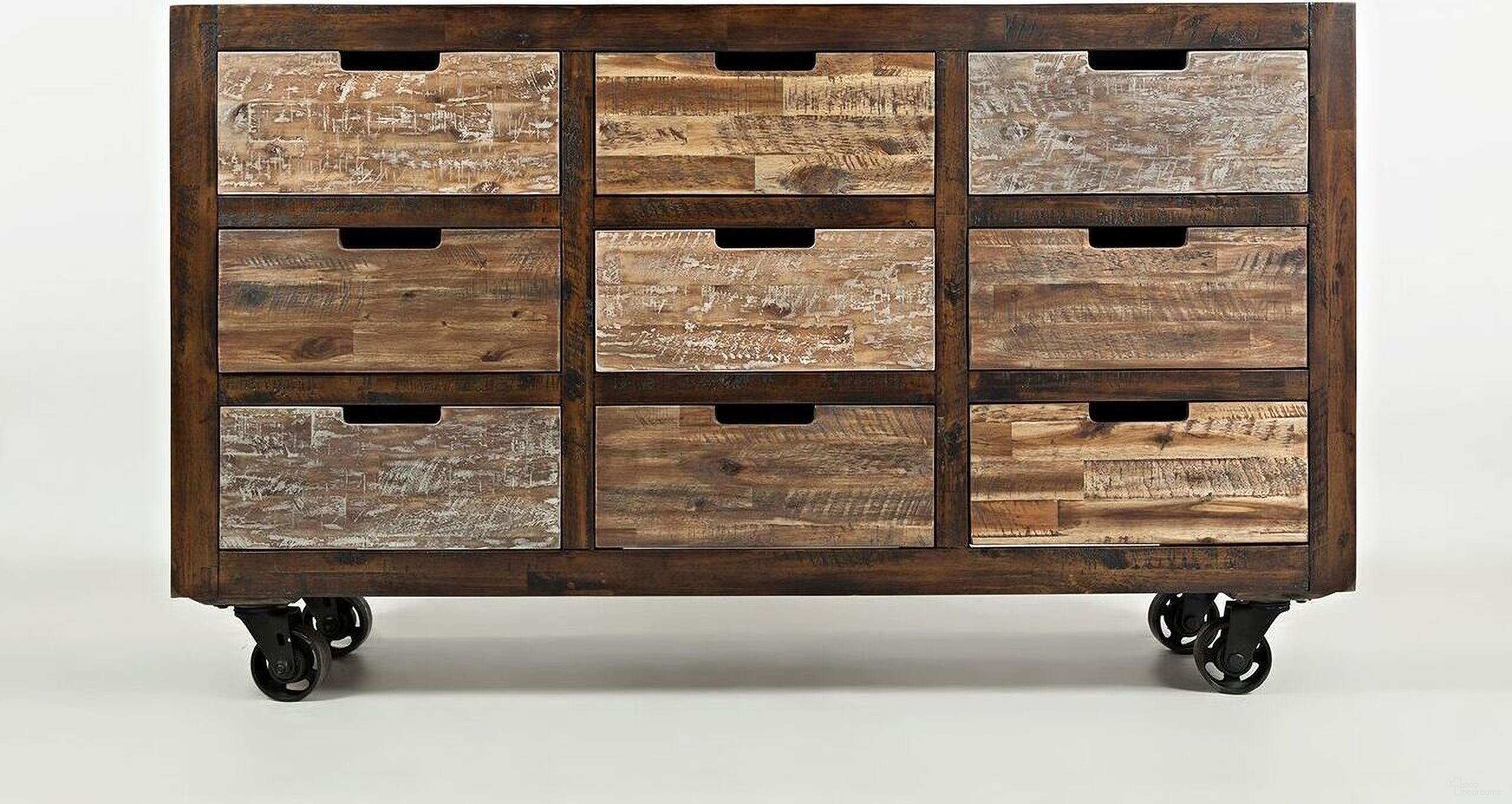 The appearance of Painted Canyon 9 Drawer Accent Chest with Caster Wheels In Distressed Brown designed by Jofran in the industrial interior design. This distressed brown piece of furniture was selected by 1StopBedrooms from Painted Canyon Collection to add a touch of cosiness and style into your home. Sku: 1600-60. Material: Acacia.