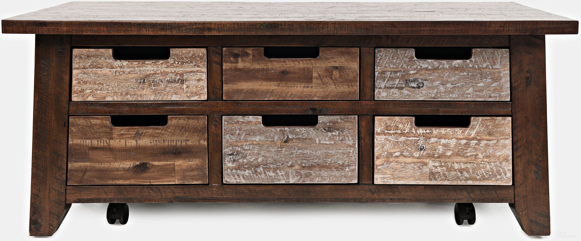 The appearance of Painted Canyon Box Coffee Table with Pull Through Drawers and Caster Wheels In Distressed Brown designed by Jofran in the rustic / southwestern interior design. This distressed brown piece of furniture  was selected by 1StopBedrooms from Canyon Collection to add a touch of cosiness and style into your home. Sku: 1600-5. Material: Acacia.