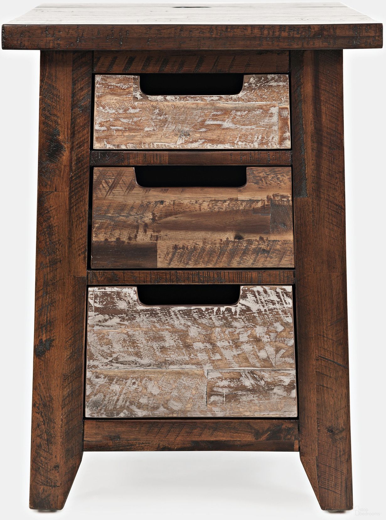 The appearance of Painted Canyon USB Charging End Table In Distressed Brown designed by Jofran in the rustic / southwestern interior design. This distressed brown piece of furniture  was selected by 1StopBedrooms from Canyon Collection to add a touch of cosiness and style into your home. Sku: 1600-8. Material: Acacia.