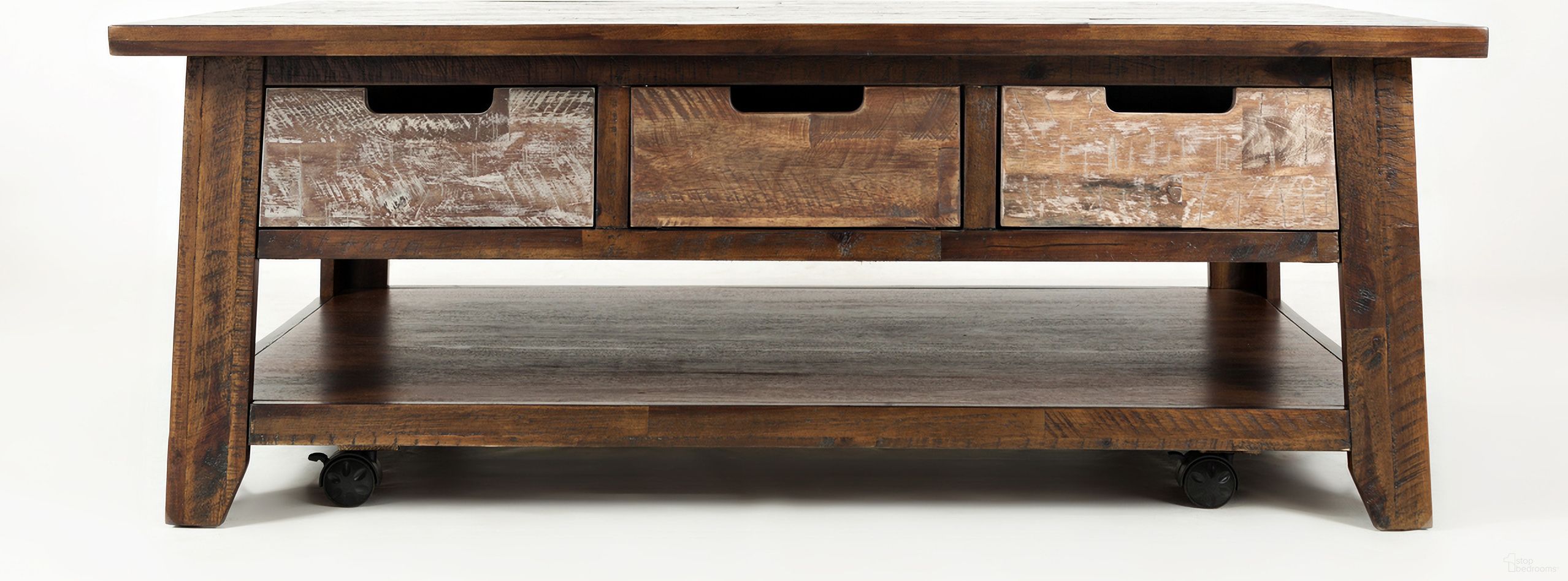 The appearance of Painted Canyon 50 Inch Coffee Table with Pull Through Drawers and Caster Wheels In Distressed Brown designed by Jofran in the transitional interior design. This distressed brown piece of furniture was selected by 1StopBedrooms from Painted Canyon Collection to add a touch of cosiness and style into your home. Sku: 1600-1. Material: Acacia.