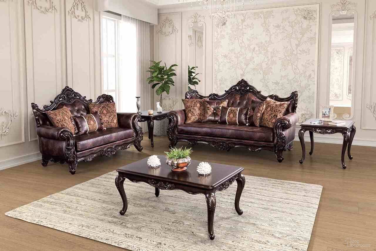 The appearance of Palencia Living Room Set In Dark Cherry and Brown designed by Furniture of America in the traditional interior design. This dark cherry and brown piece of furniture was selected by 1StopBedrooms from Palencia Collection to add a touch of cosiness and style into your home. Sku: FM65005BR-SF;FM65005BR-LV. Material: Leather.