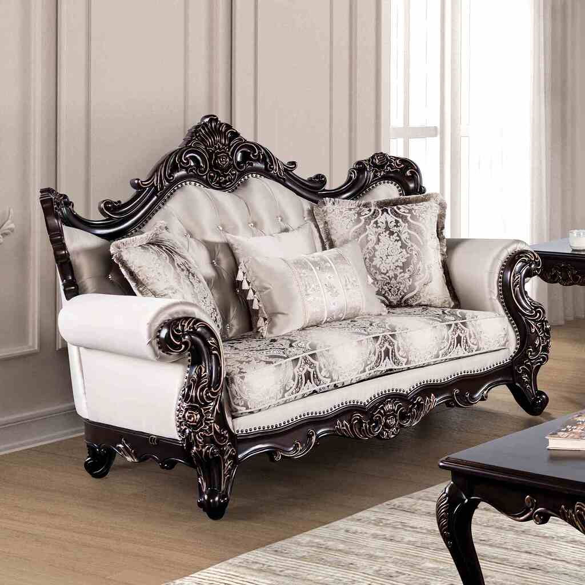 The appearance of Palencia Loveseat In Dark Cherry and Beige designed by Furniture of America in the traditional interior design. This dark cherry and beige piece of furniture  was selected by 1StopBedrooms from Palencia Collection to add a touch of cosiness and style into your home. Sku: FM65005BG-LV. Material: Fabric.