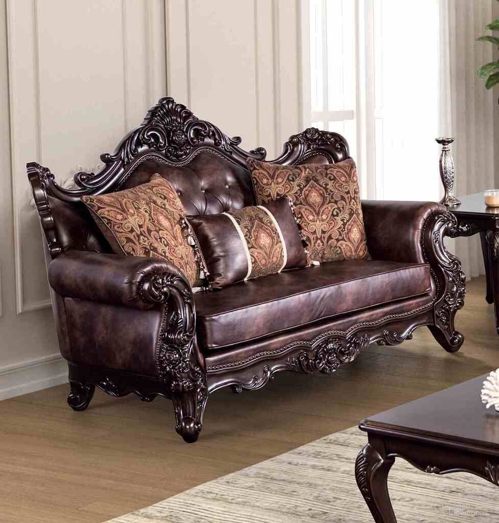 The appearance of Palencia Loveseat In Dark Cherry and Brown designed by Furniture of America in the traditional interior design. This dark cherry and brown piece of furniture was selected by 1StopBedrooms from Palencia Collection to add a touch of cosiness and style into your home. Sku: FM65005BR-LV. Material: Leather.