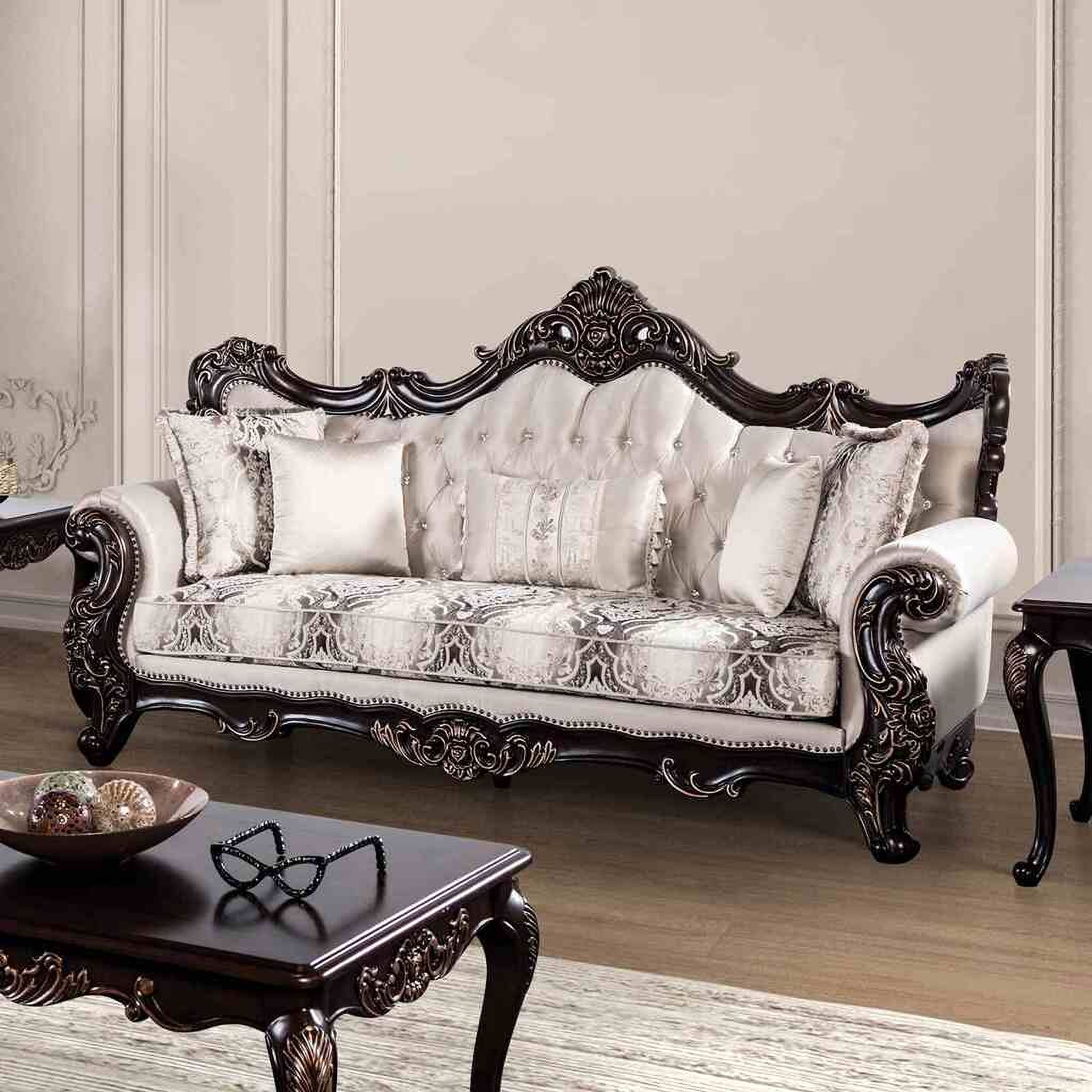 The appearance of Palencia Sofa In Dark Cherry and Beige designed by Furniture of America in the traditional interior design. This dark cherry and beige piece of furniture  was selected by 1StopBedrooms from Palencia Collection to add a touch of cosiness and style into your home. Sku: FM65005BG-SF. Material: Fabric.